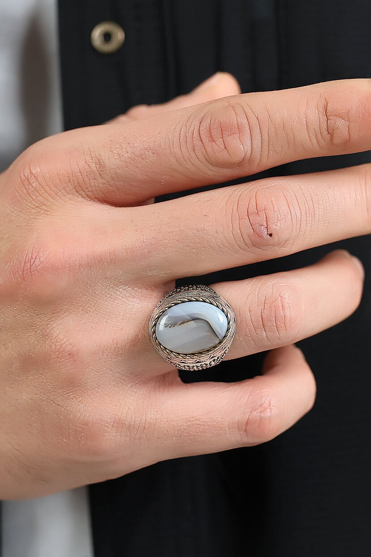 Gümüş Akik Taşlı Erkek Yüzük 