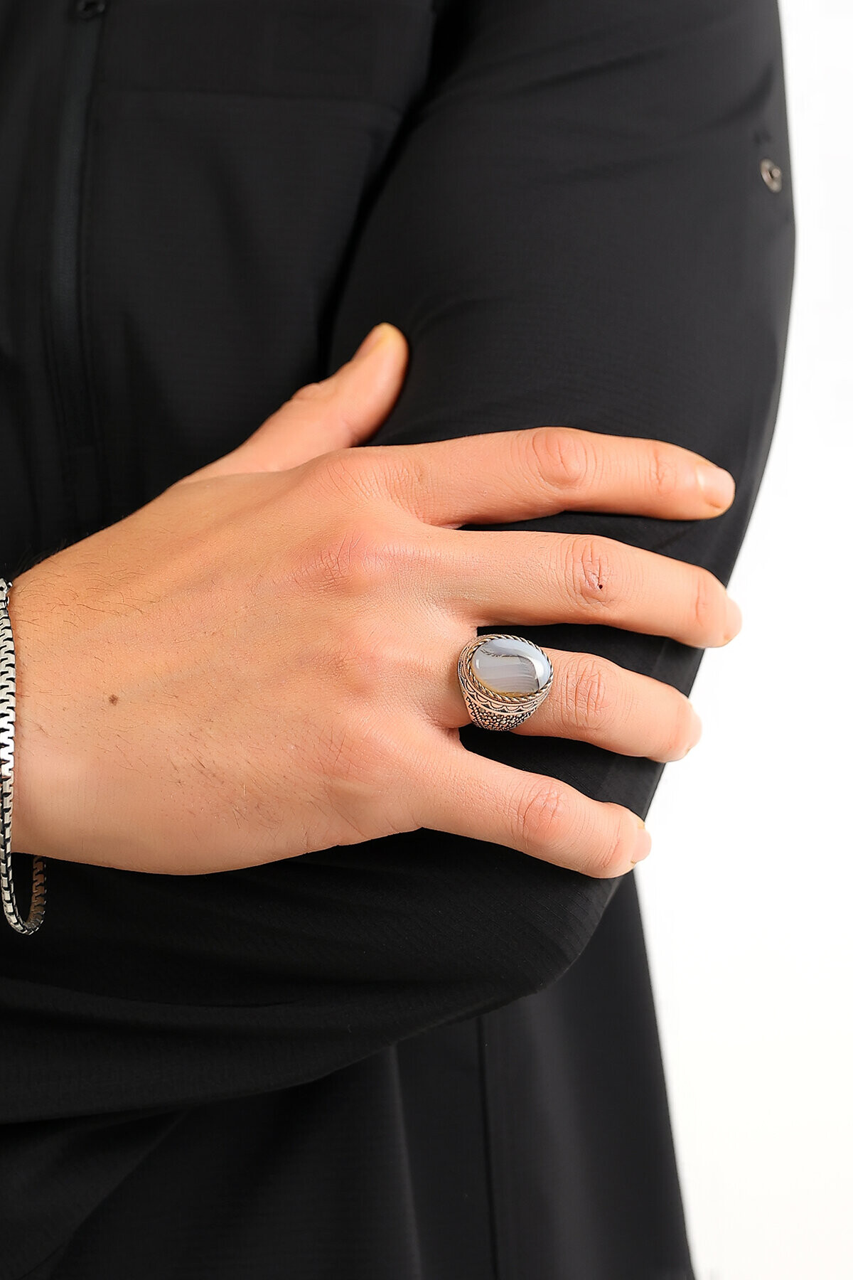 Gümüş Akik Taşlı Erkek Yüzük 