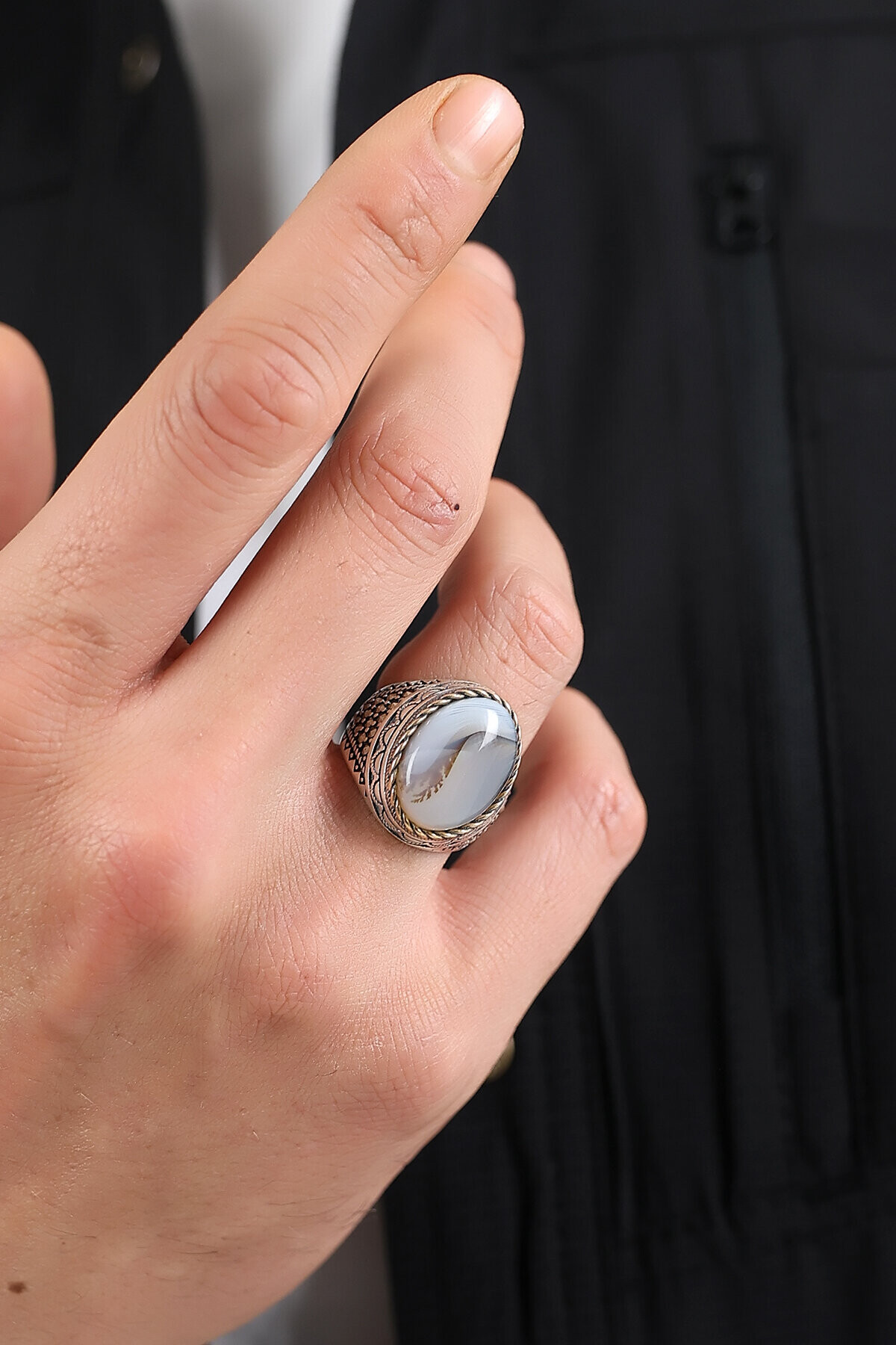 Gümüş Akik Taşlı Erkek Yüzük 