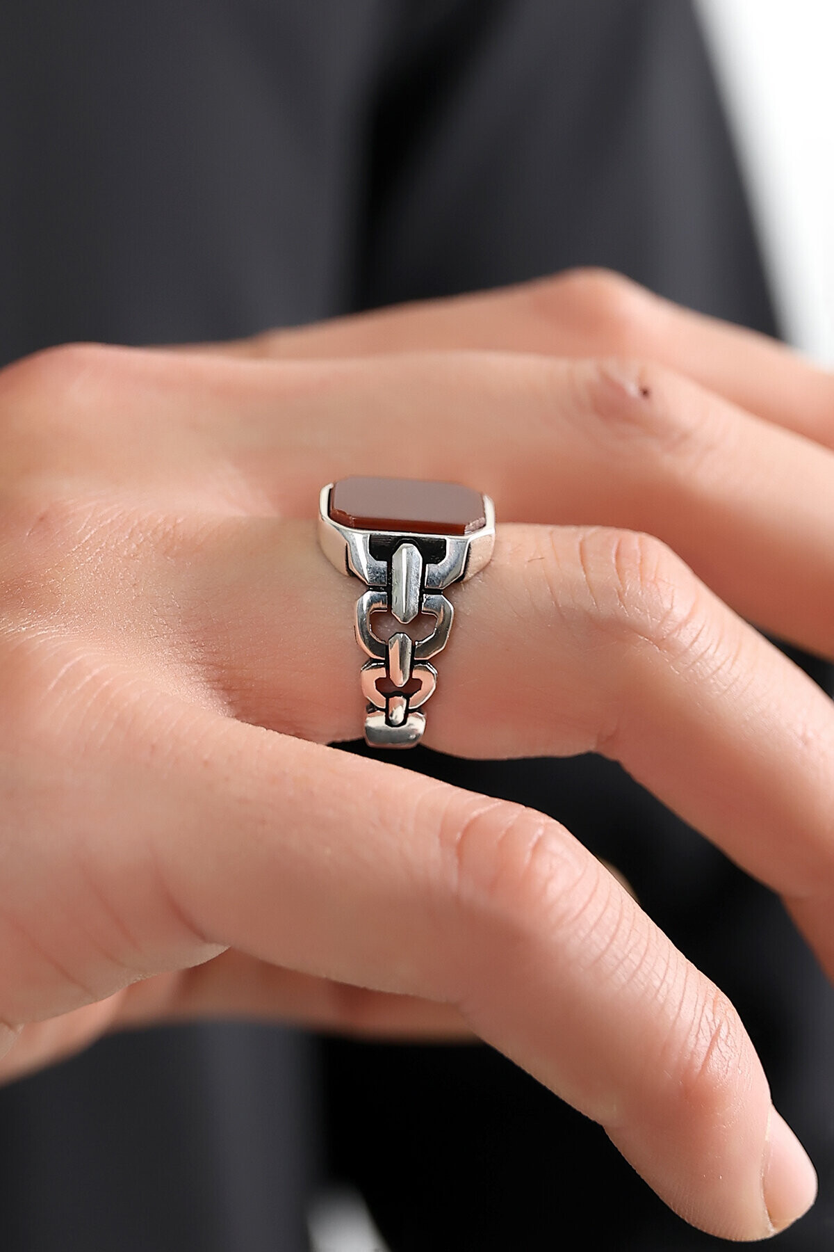 Gümüş Akik Taşlı Erkek Yüzük 