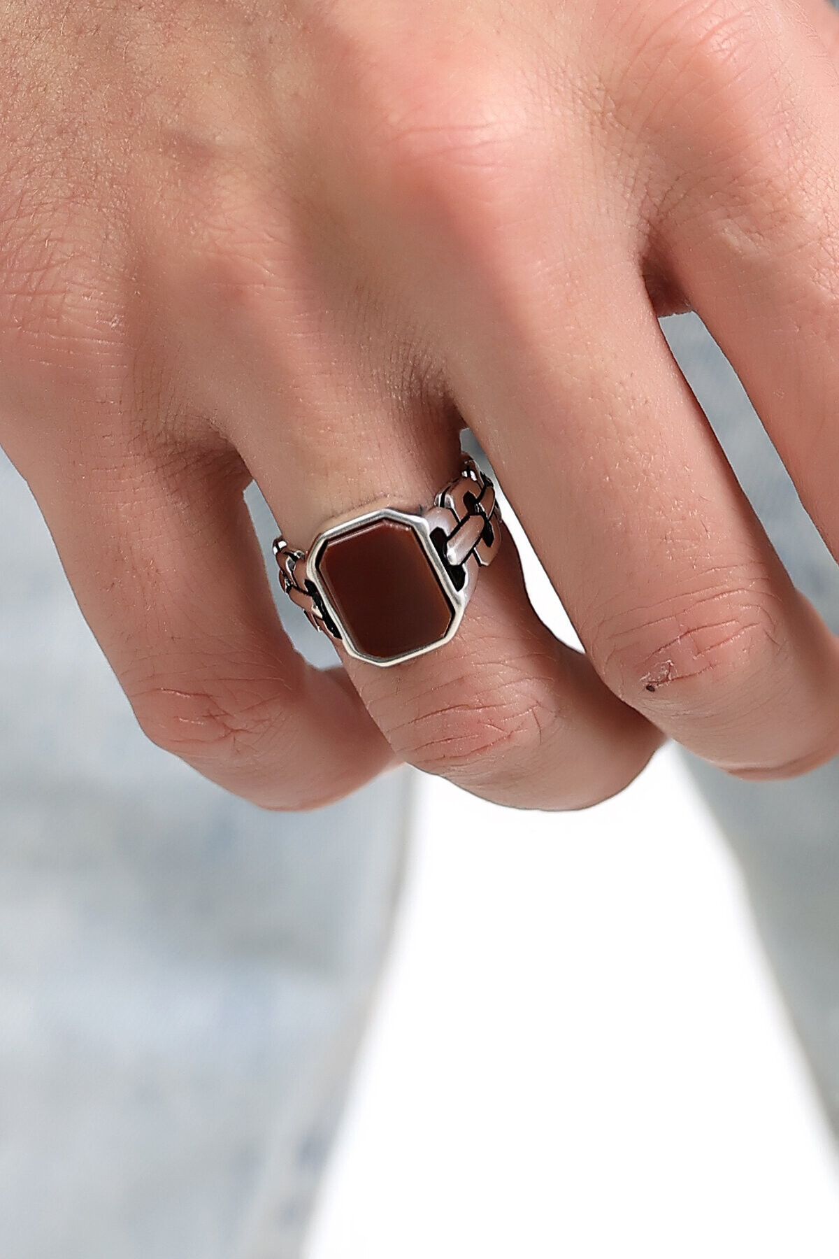 Gümüş Akik Taşlı Erkek Yüzük 