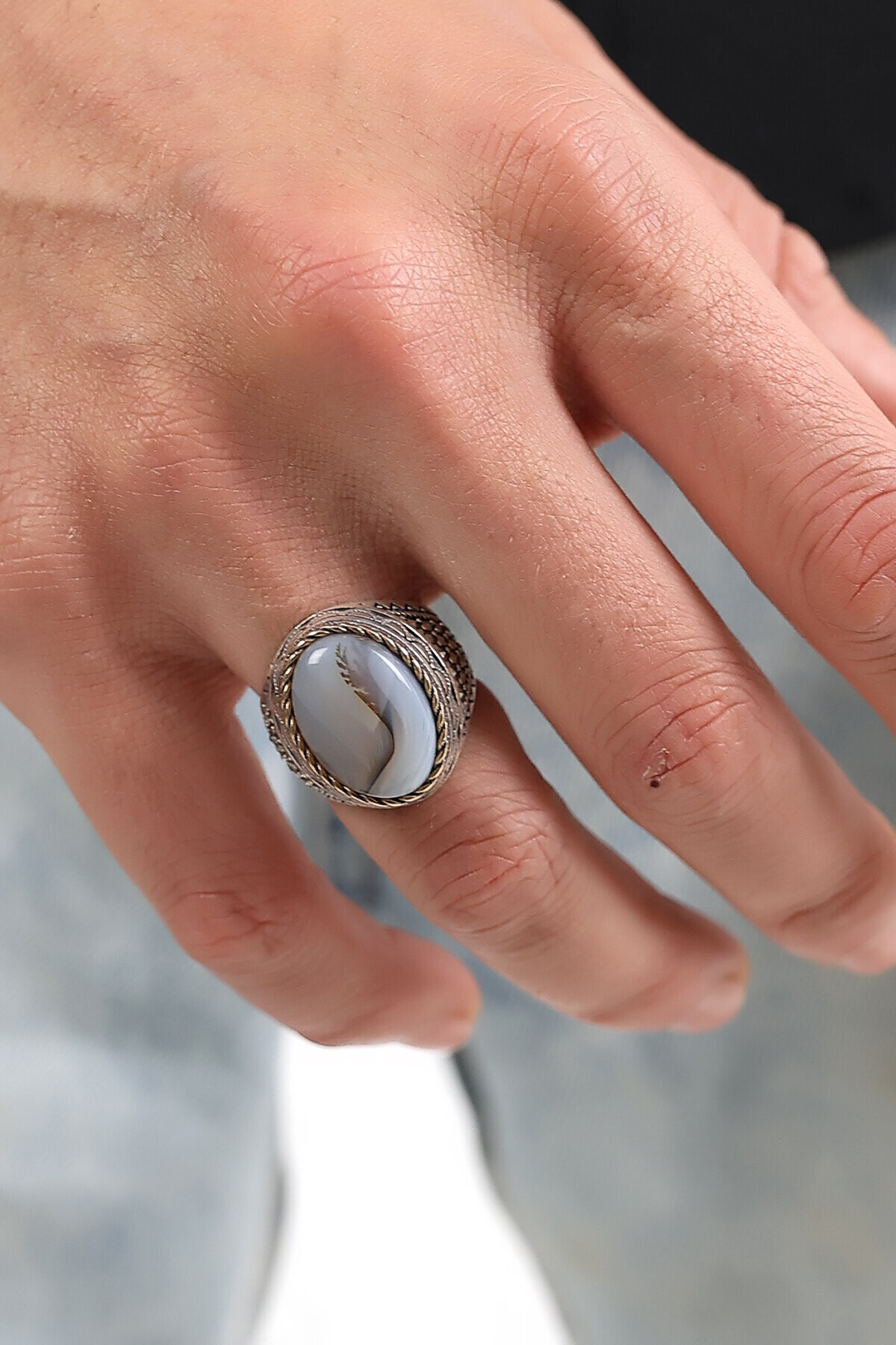 Gümüş Akik Taşlı Erkek Yüzük 