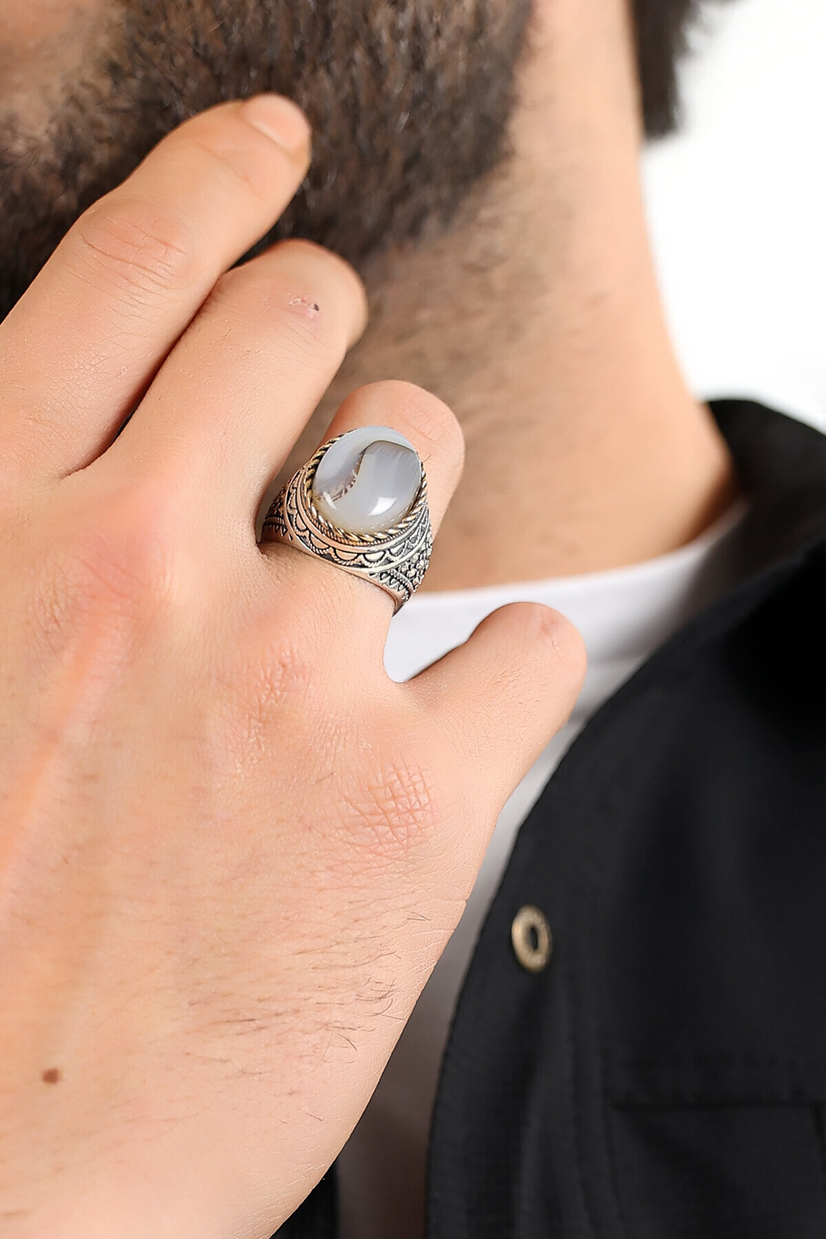 Gümüş Akik Taşlı Erkek Yüzük 