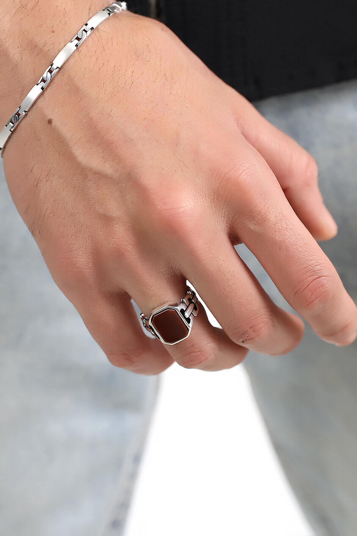 Gümüş Akik Taşlı Erkek Yüzük 