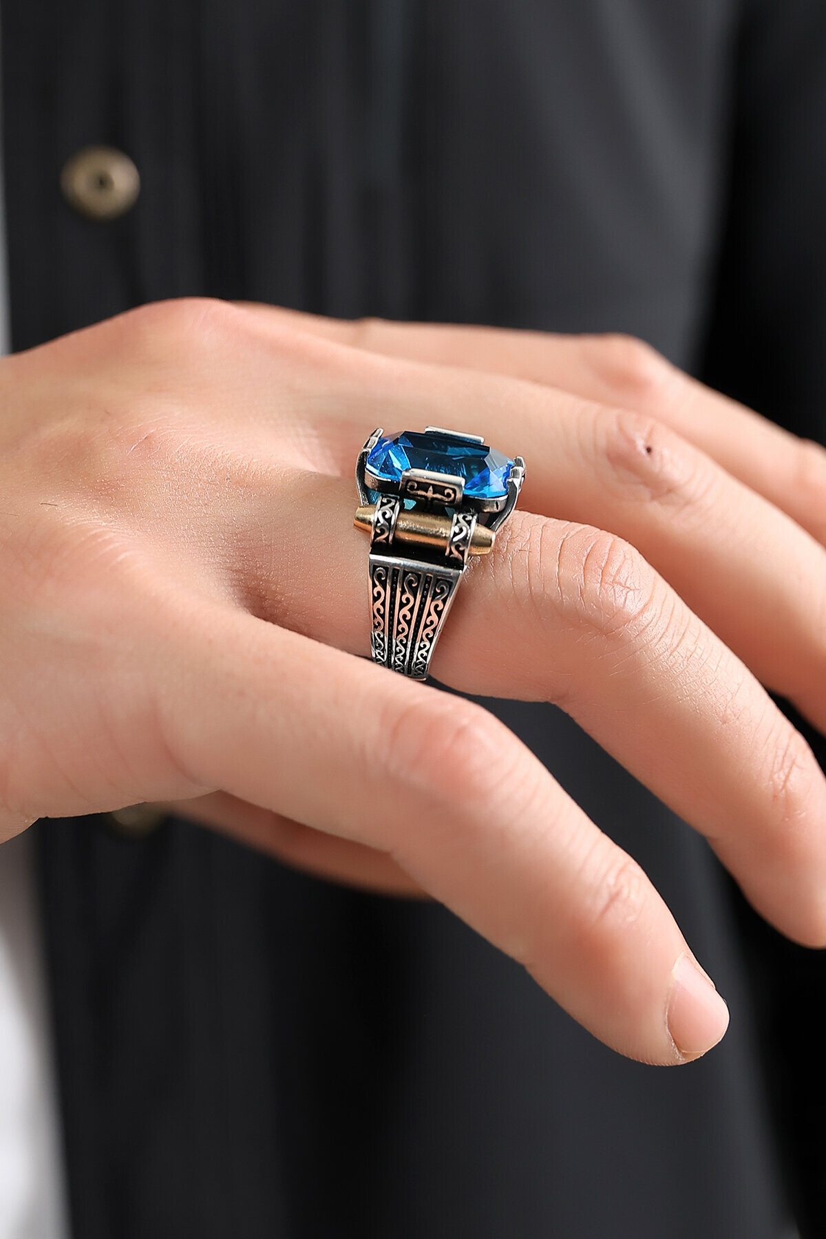 Gümüş Aqua Taşlı Kare Kesim Erkek Yüzük 