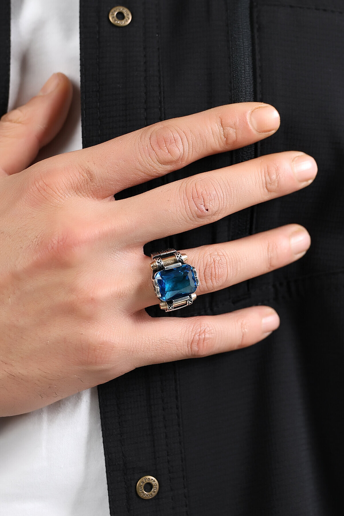 Gümüş Aqua Taşlı Kare Kesim Erkek Yüzük 