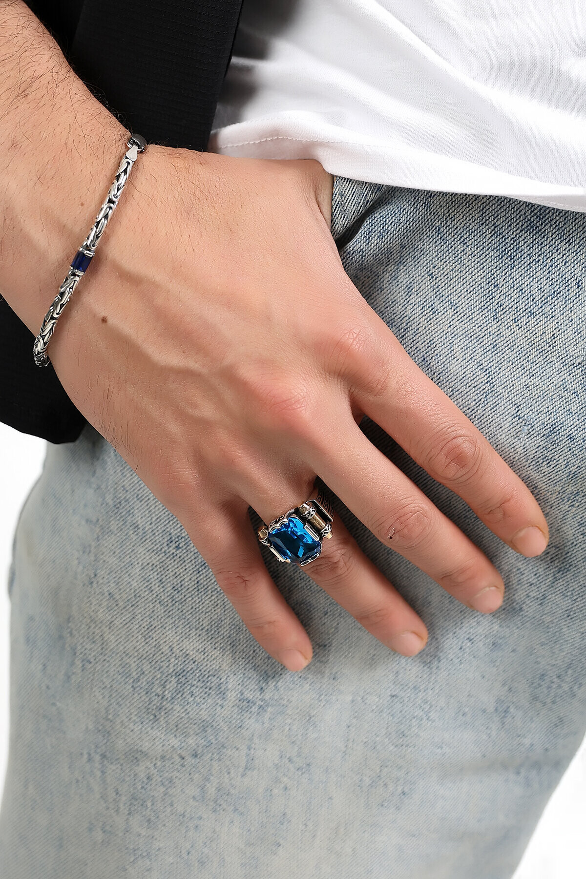 Gümüş Aqua Taşlı Kare Kesim Erkek Yüzük 