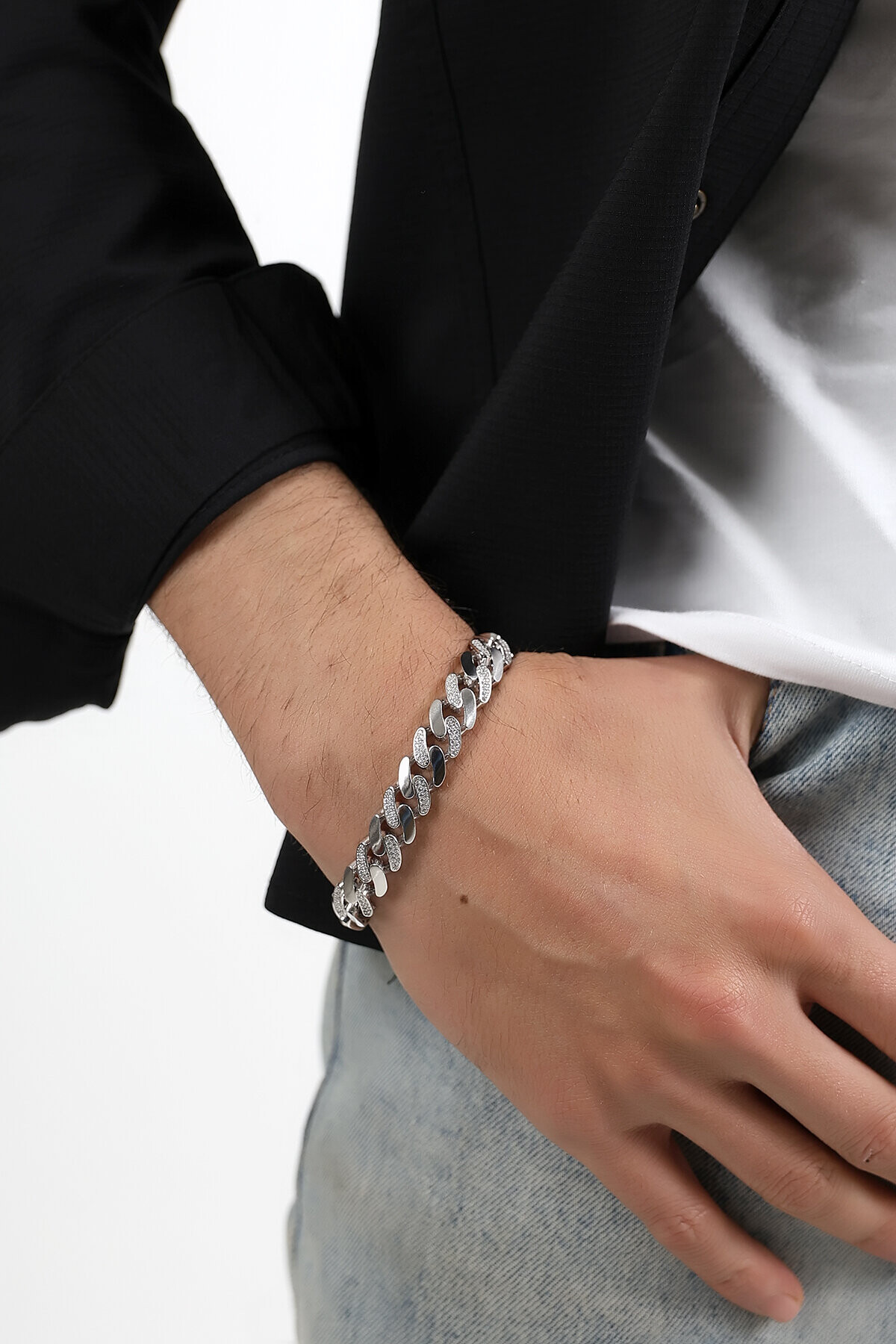 Gümüş Atlamalı Taşlı Gurmet Unisex Bileklik