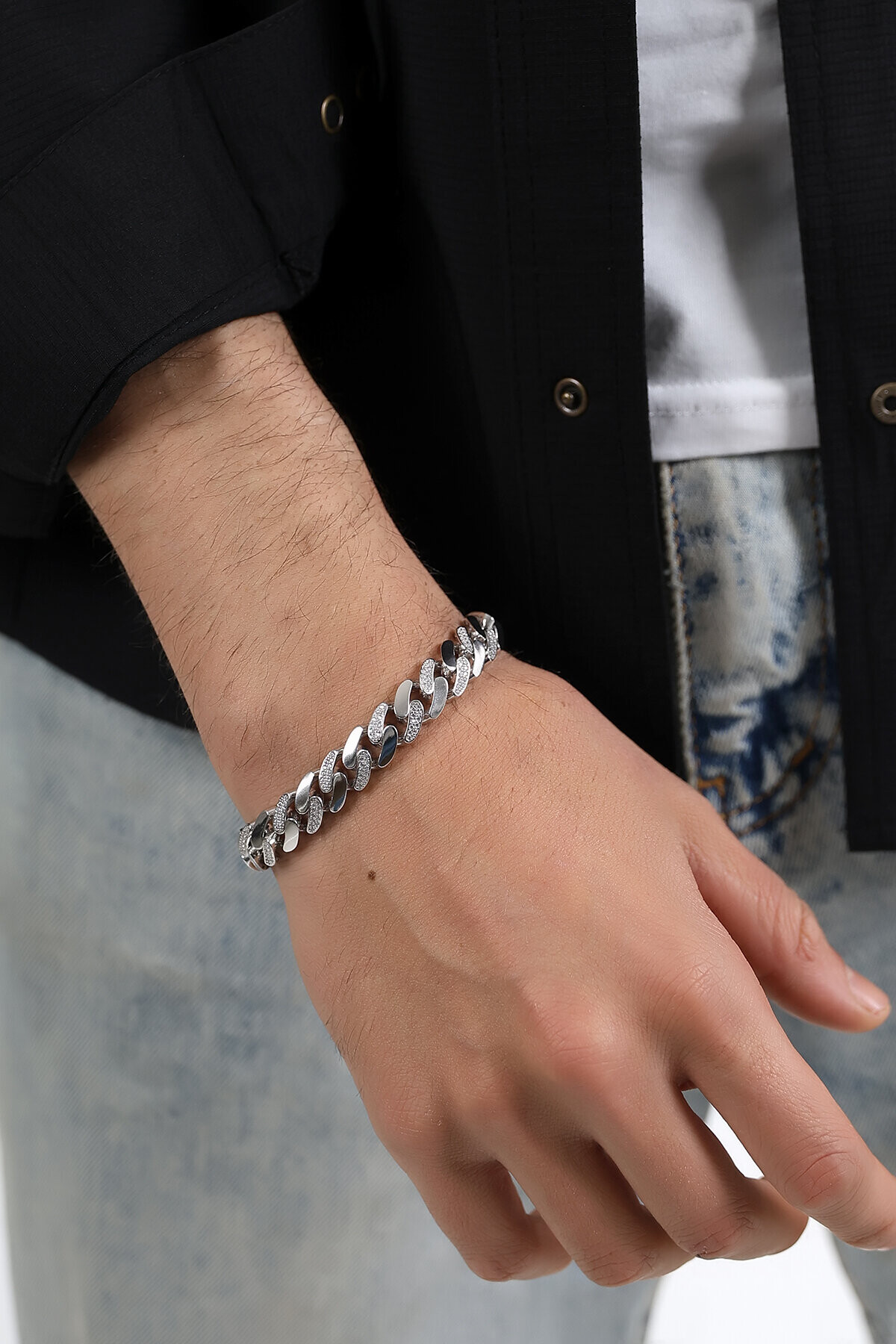 Gümüş Atlamalı Taşlı Gurmet Unisex Bileklik