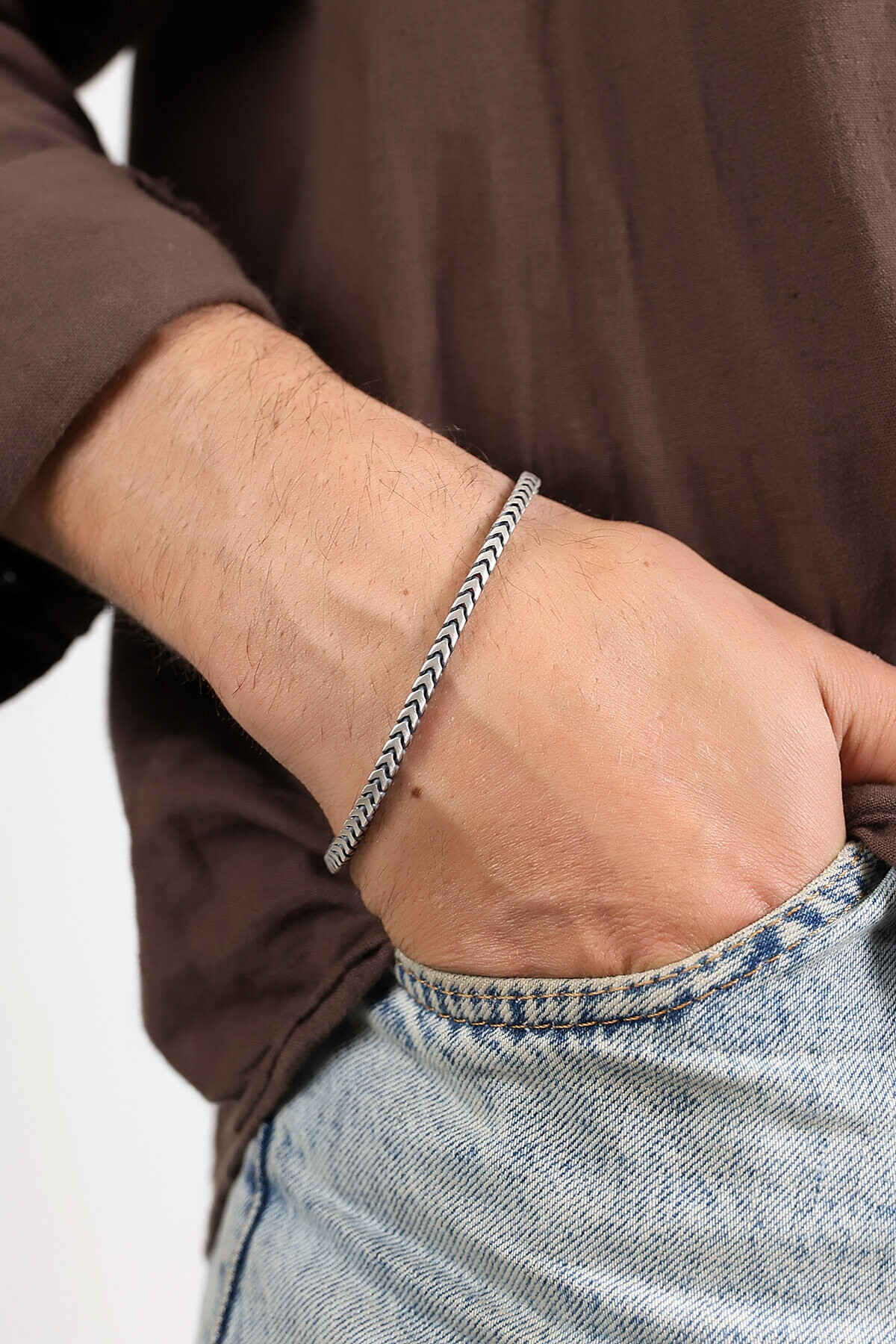 Gümüş Balık Kılçığı Erkek Bileklik