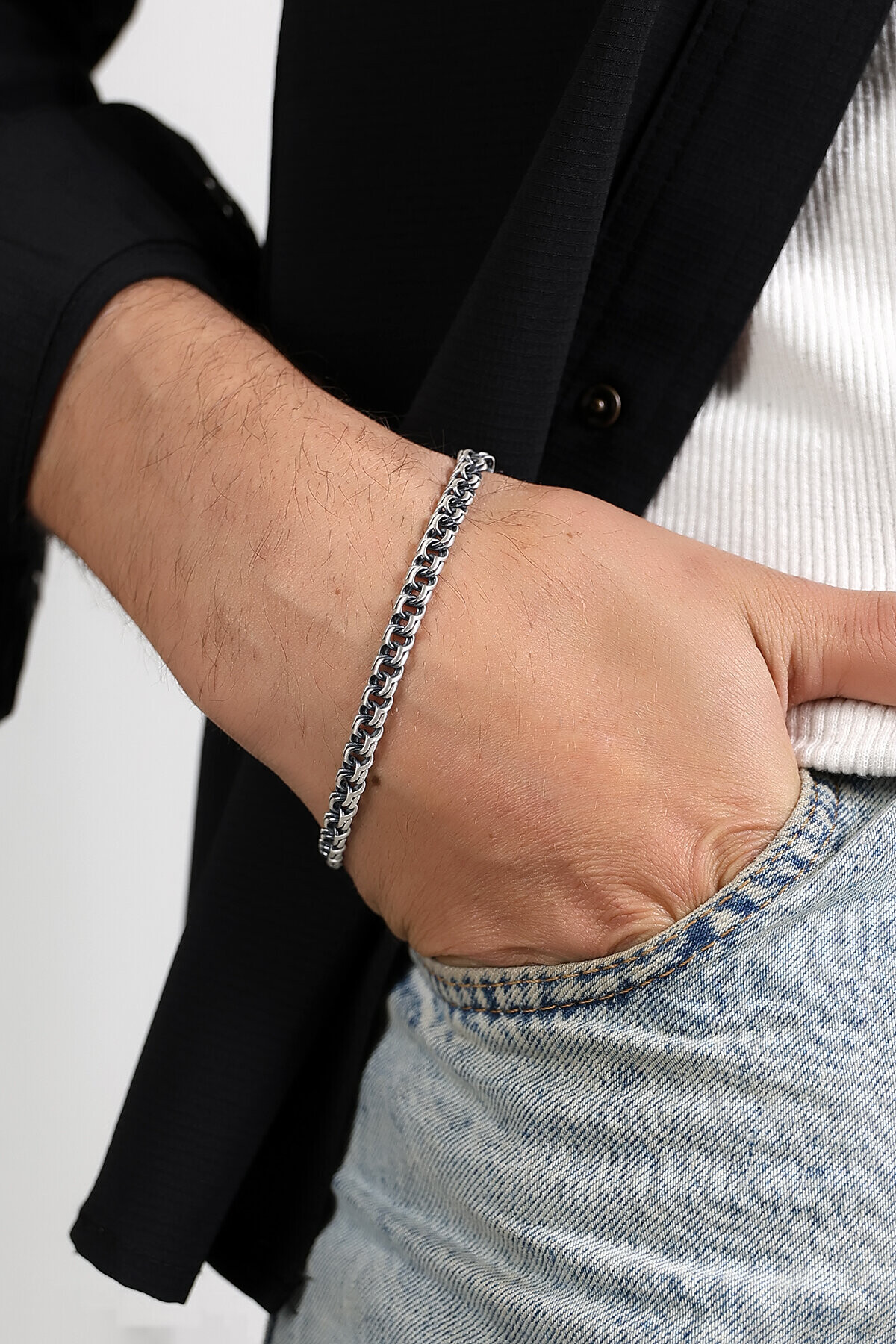 Gümüş Çift Ray Erkek Bileklik