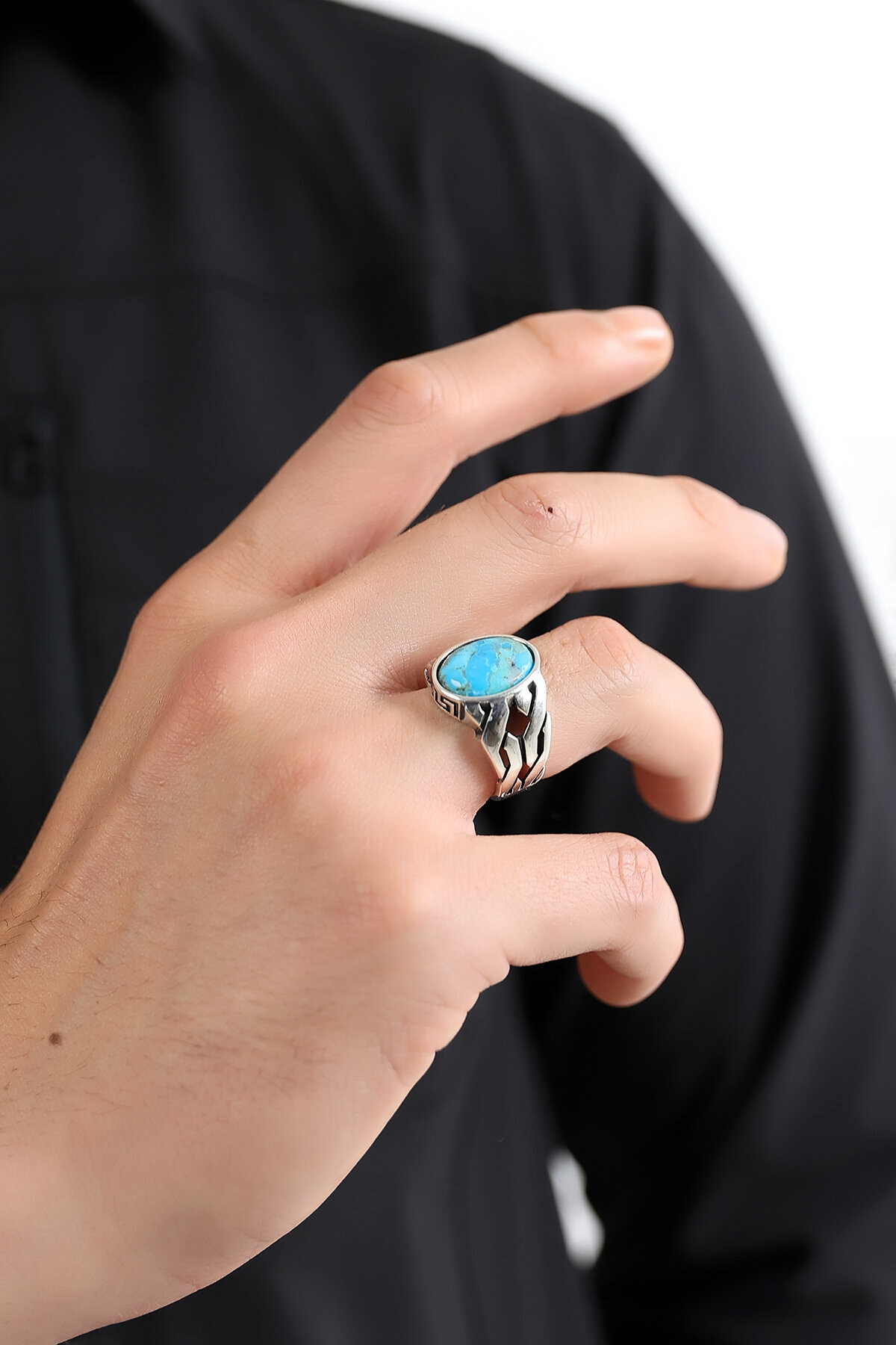 Gümüş Firuze Taşlı Erkek Yüzük 