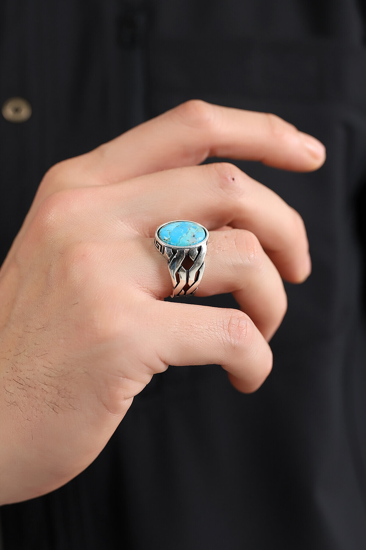 Gümüş Firuze Taşlı Erkek Yüzük 