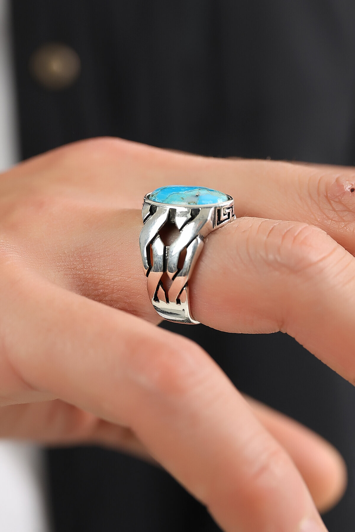 Gümüş Firuze Taşlı Erkek Yüzük 