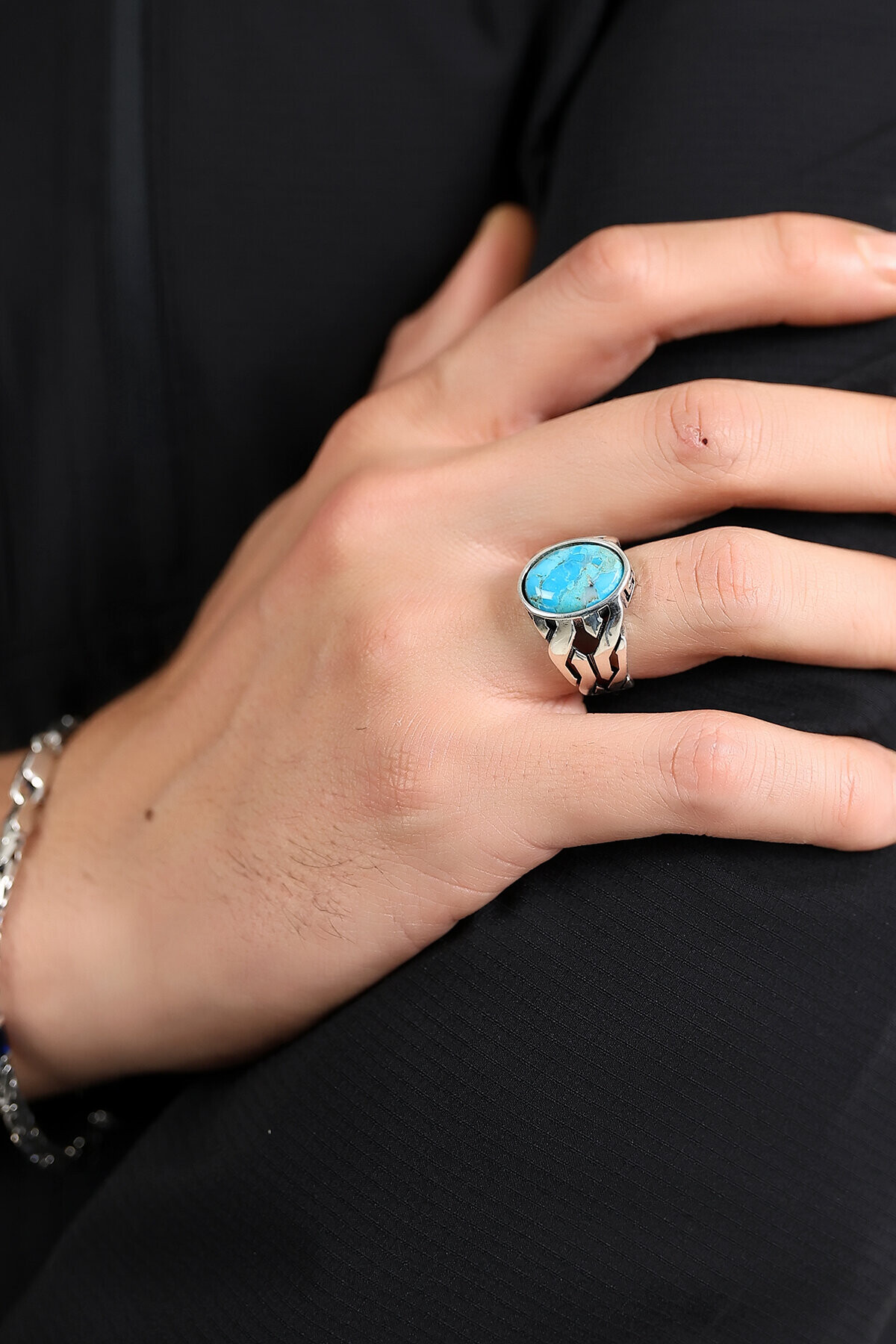 Gümüş Firuze Taşlı Erkek Yüzük 