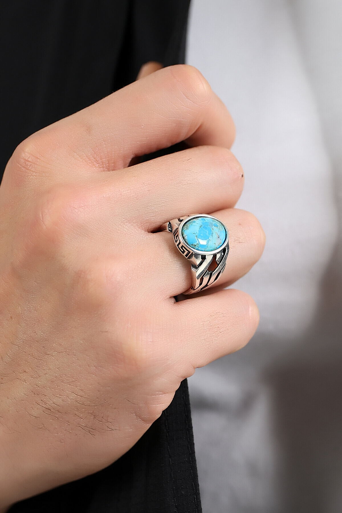 Gümüş Firuze Taşlı Erkek Yüzük 