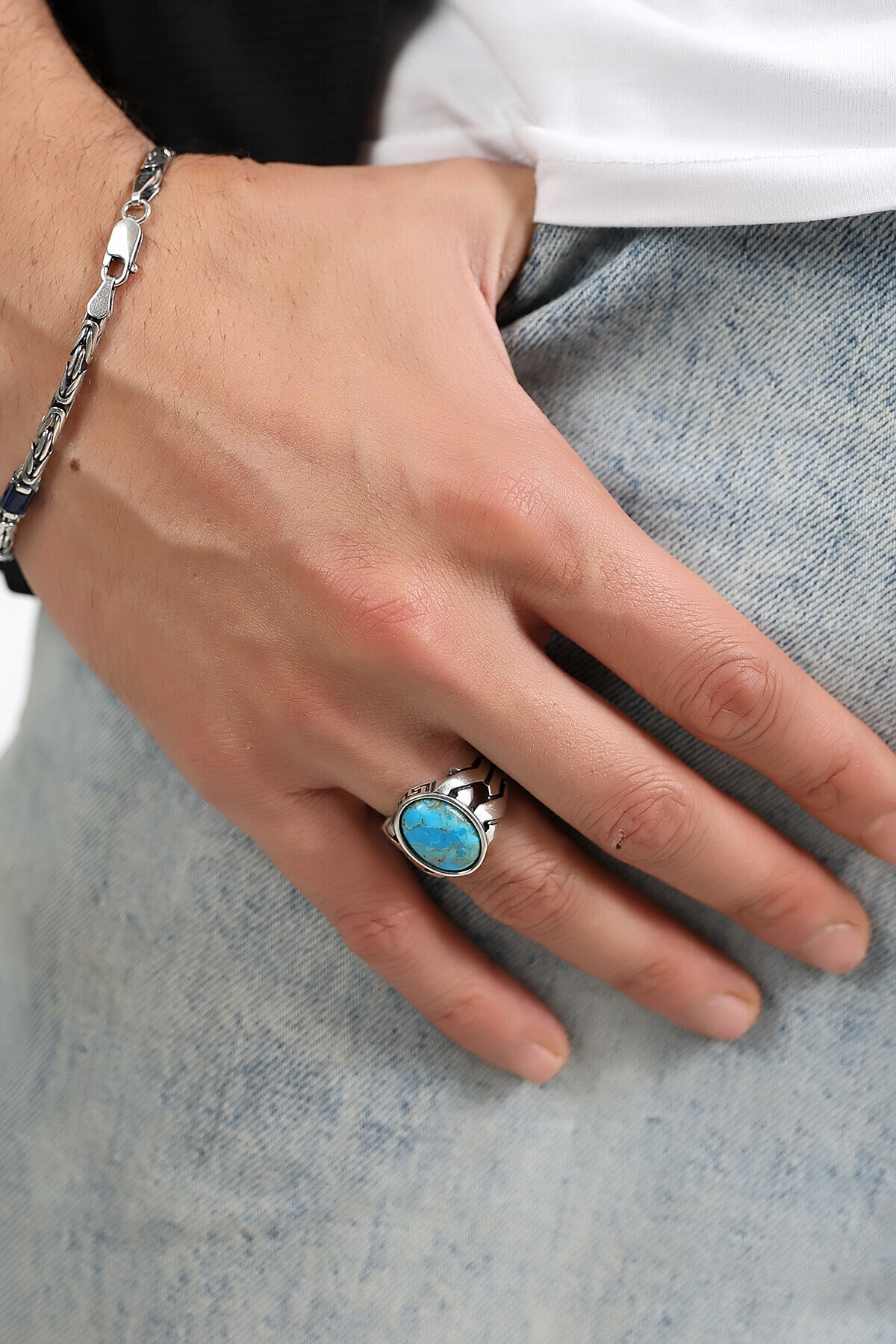 Gümüş Firuze Taşlı Erkek Yüzük 