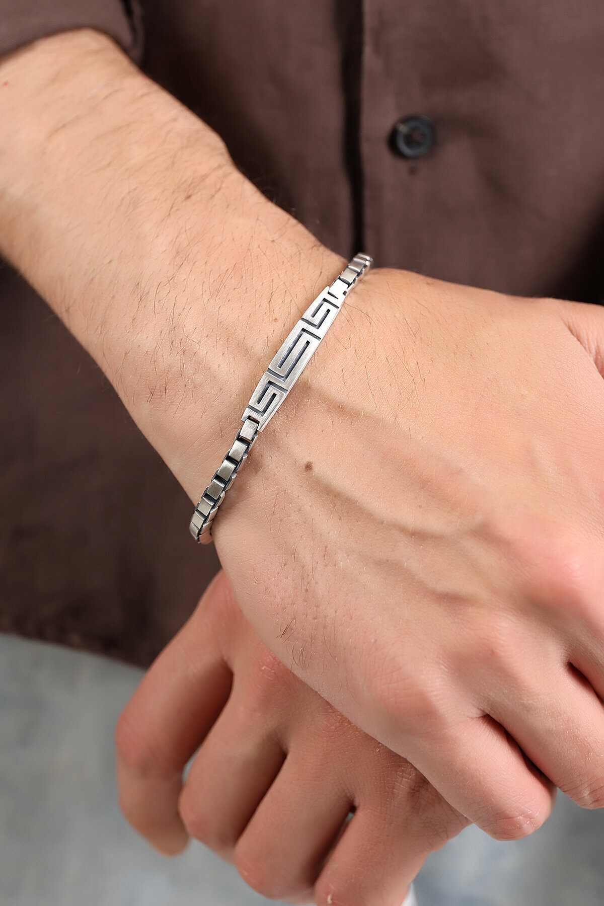 Gümüş Greek Desenli Küp Zincirli Erkek Bileklik