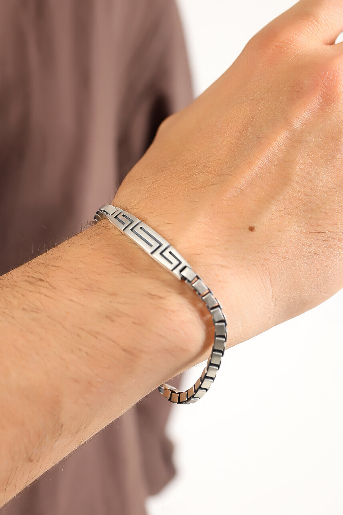 Gümüş Greek Desenli Küp Zincirli Erkek Bileklik