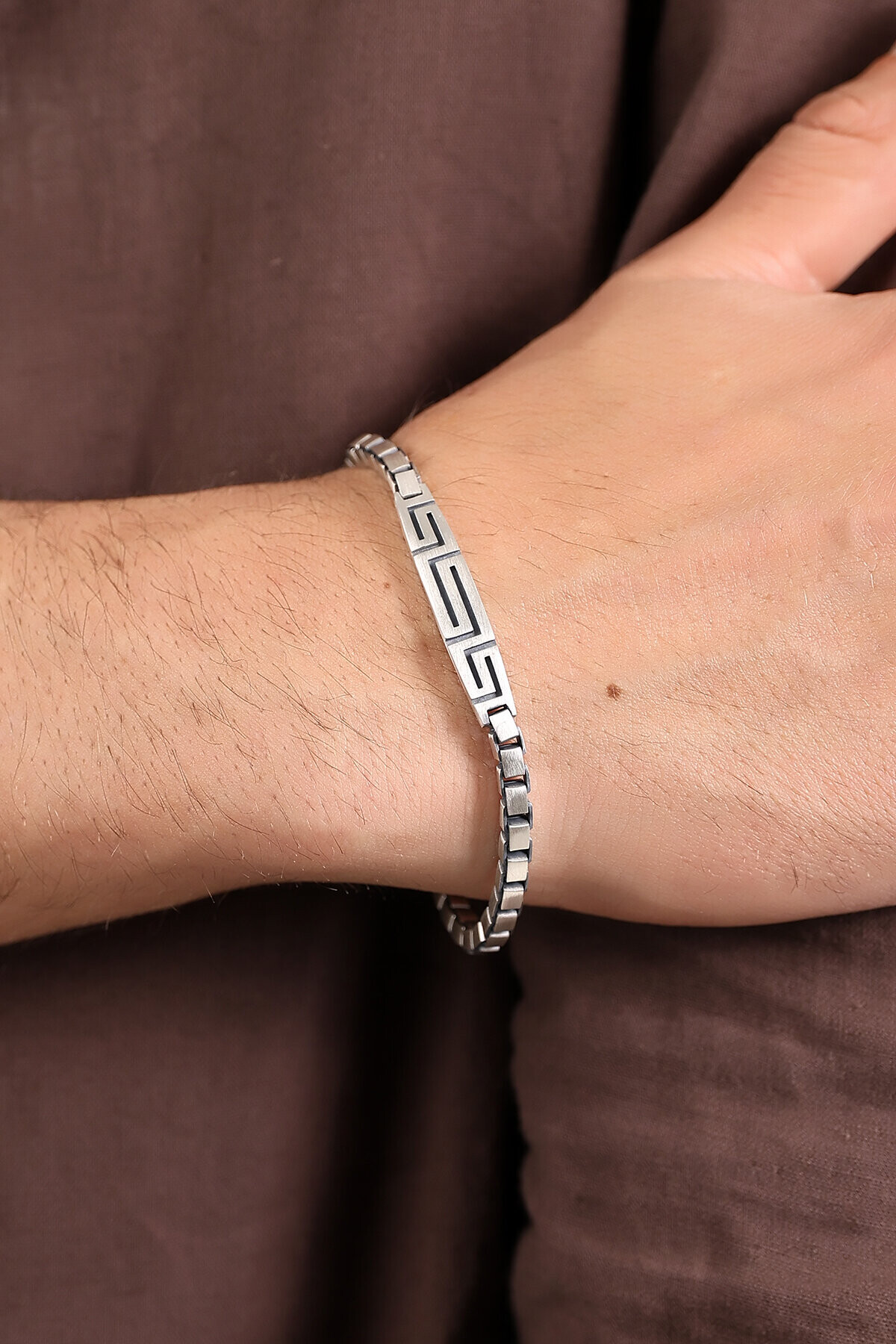 Gümüş Greek Desenli Küp Zincirli Erkek Bileklik