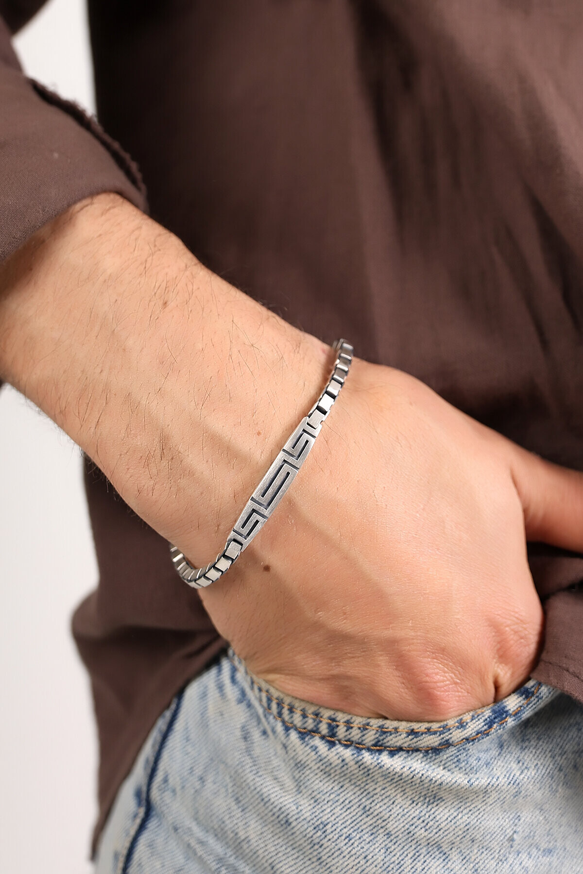 Gümüş Greek Desenli Küp Zincirli Erkek Bileklik