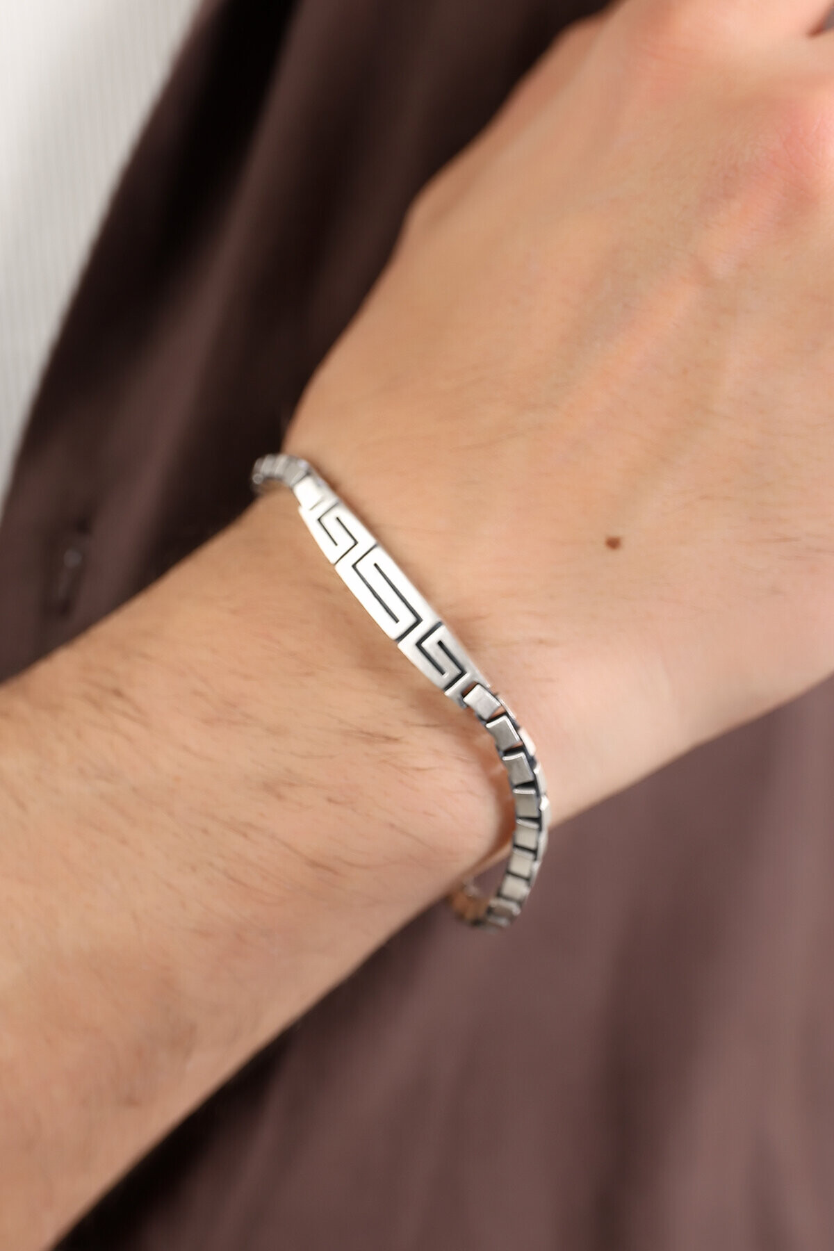 Gümüş Greek Desenli Küp Zincirli Erkek Bileklik