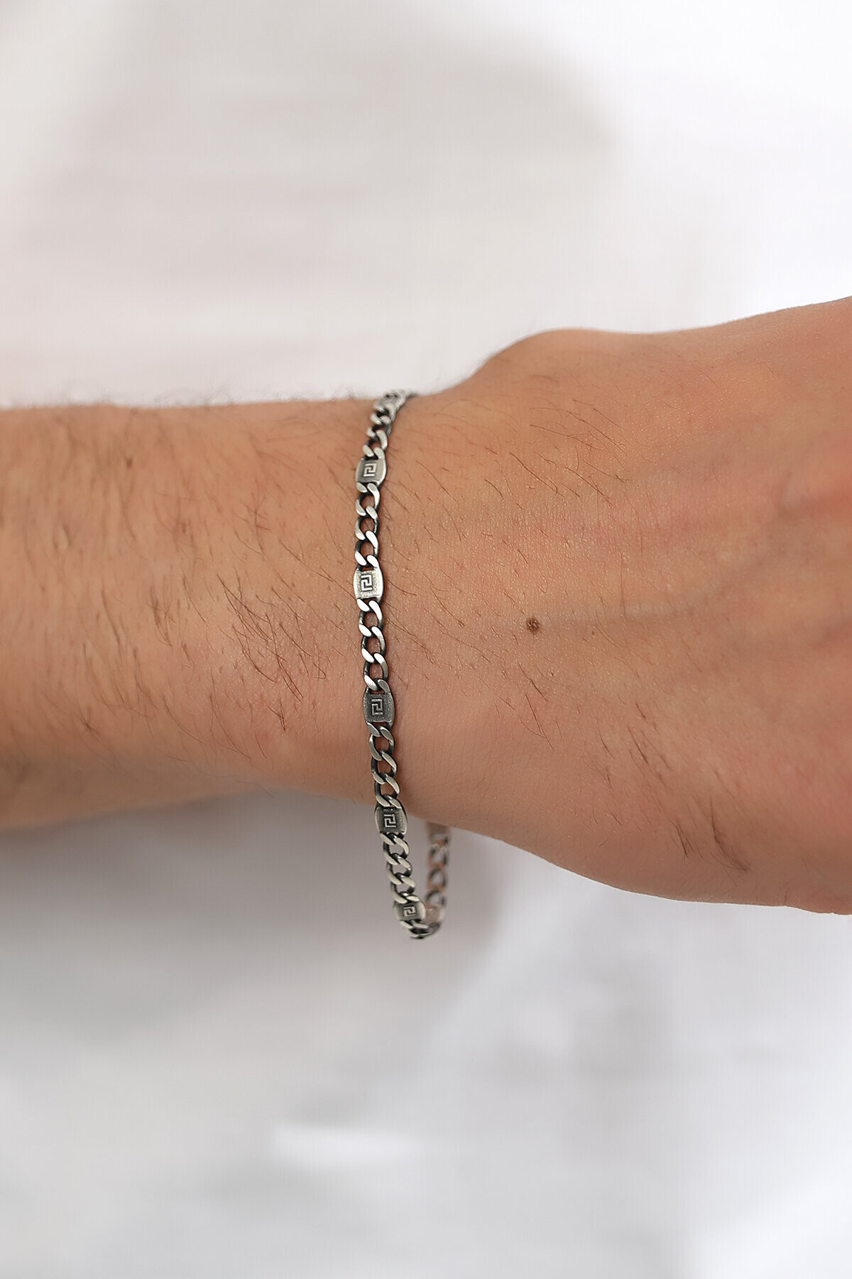 Gümüş Grek Desenli Figaro Erkek Bileklik