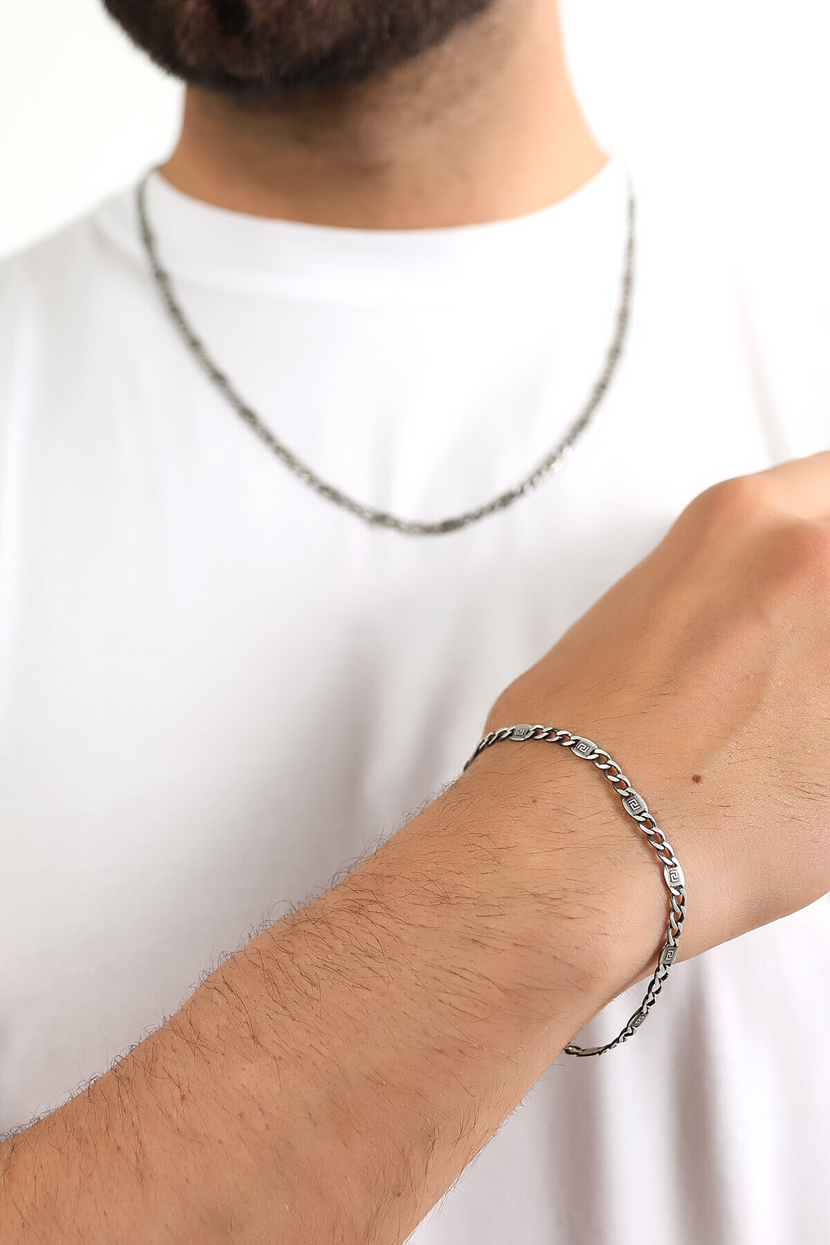 Gümüş Grek Desenli Figaro Erkek Bileklik