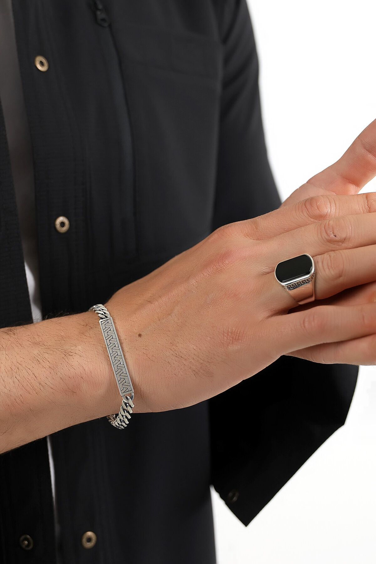 Gümüş Grek Desenli Oniks Taşlı Yüzük