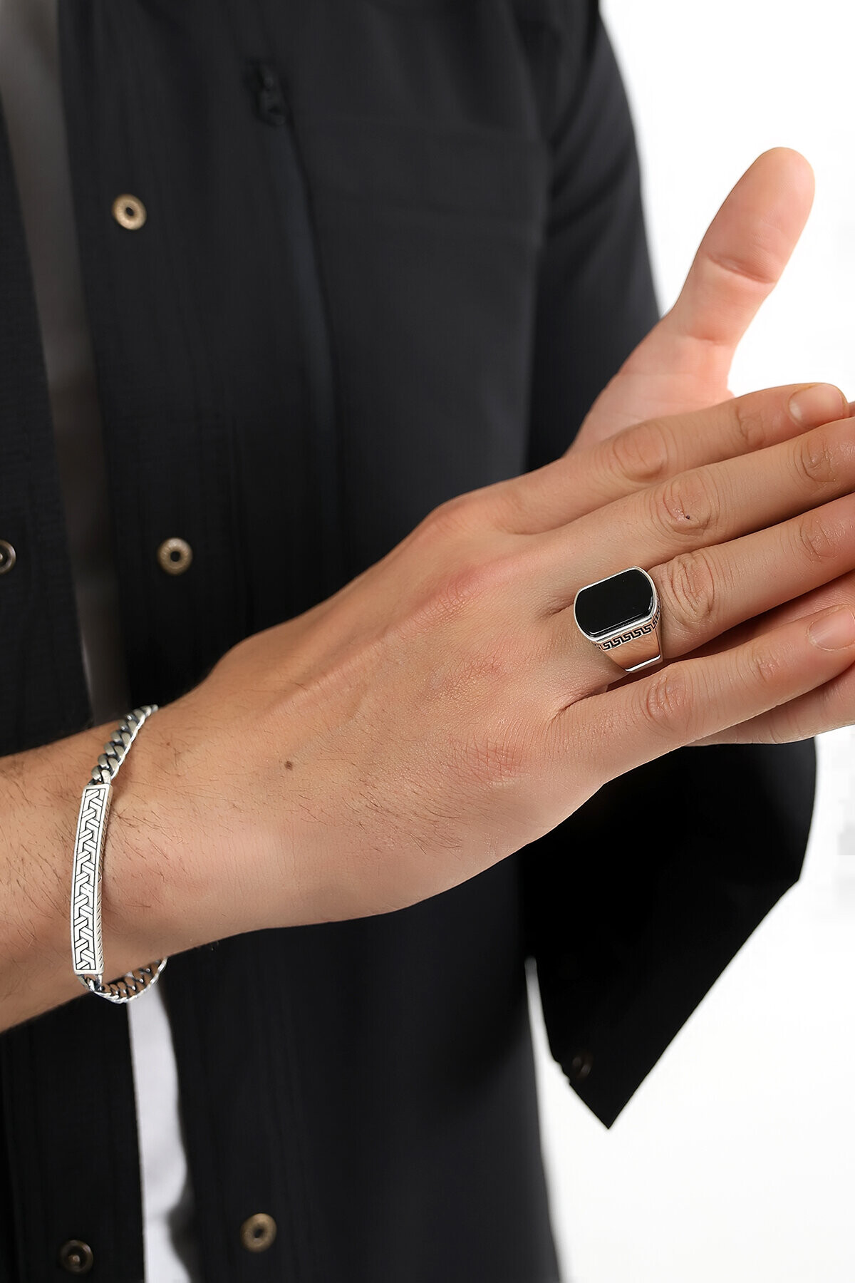 Gümüş Grek Desenli Oniks Taşlı Yüzük