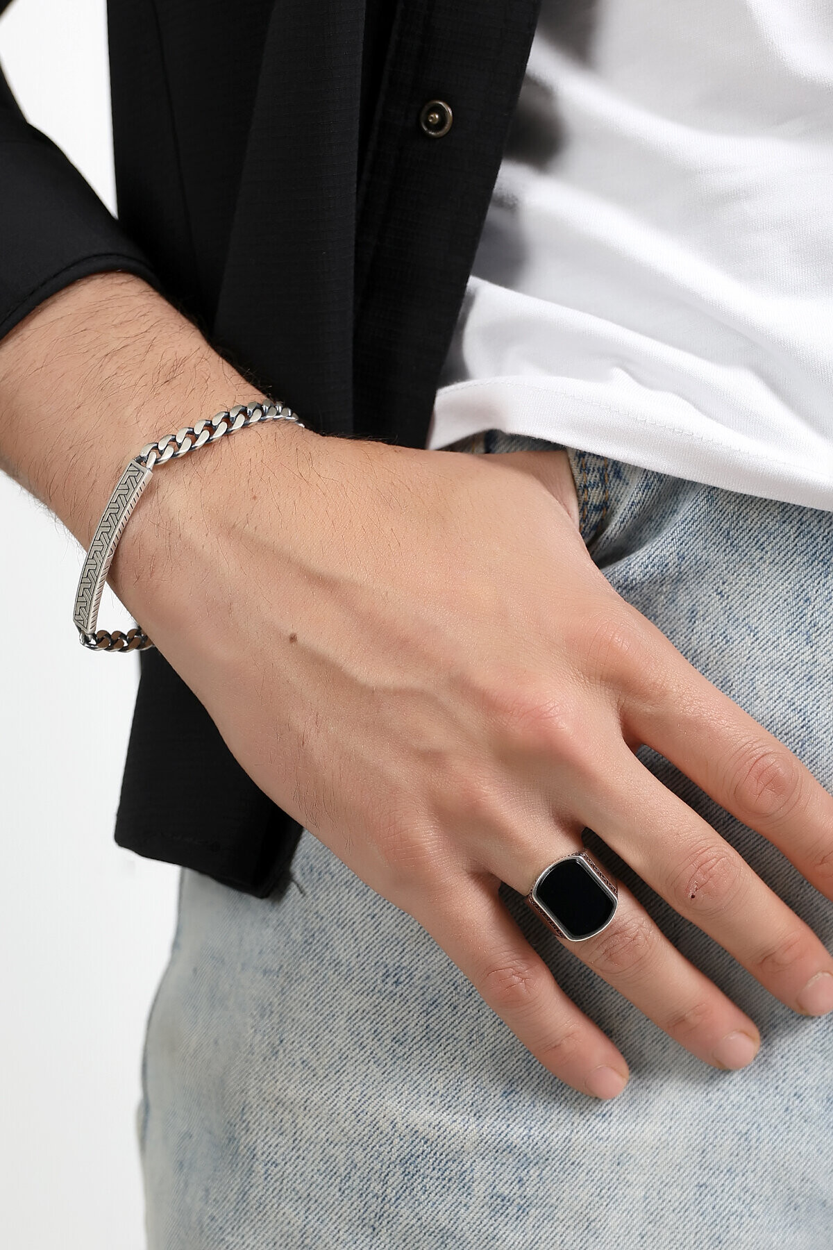 Gümüş Grek Desenli Oniks Taşlı Yüzük