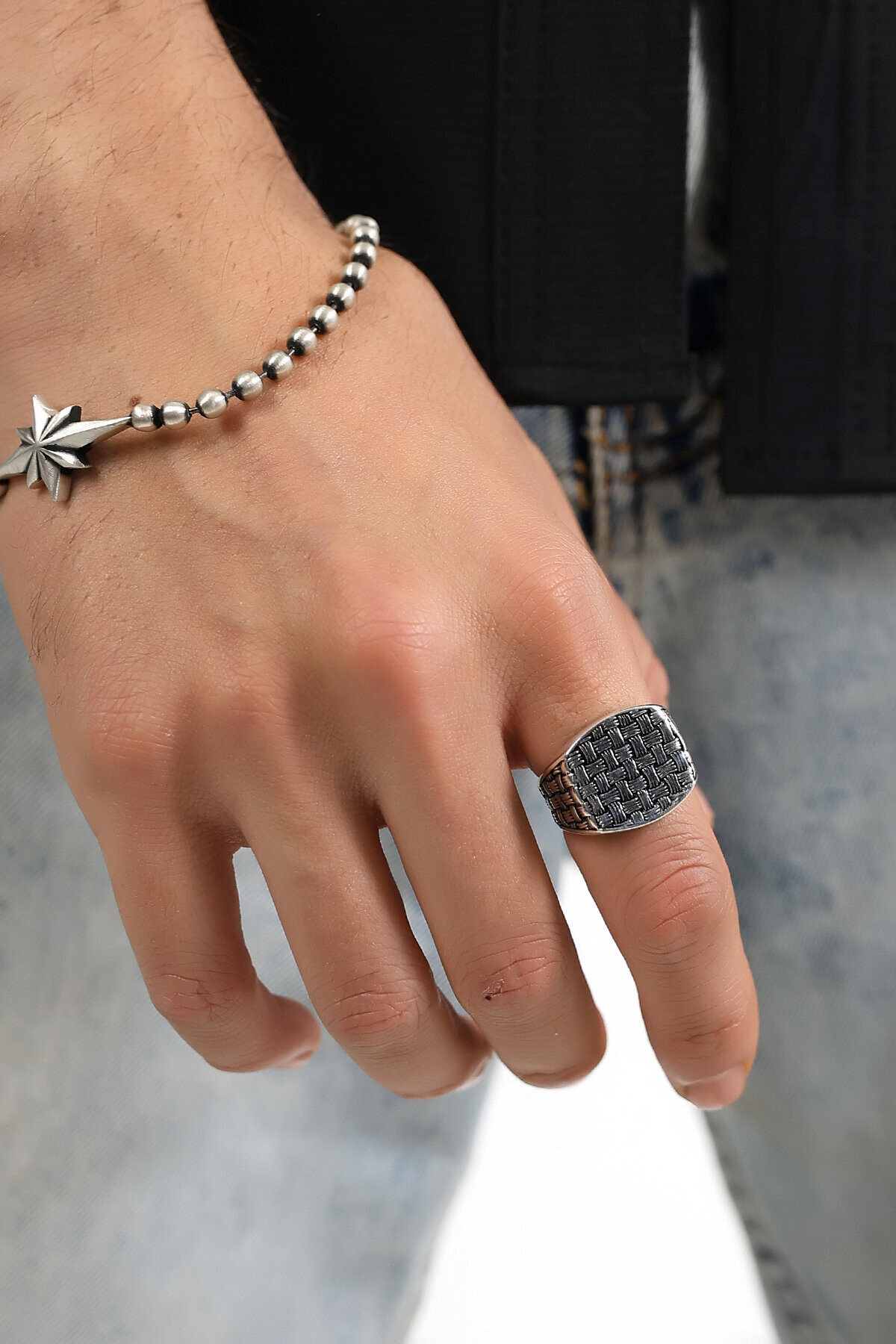 Gümüş Hasır Model Erkek Yüzük