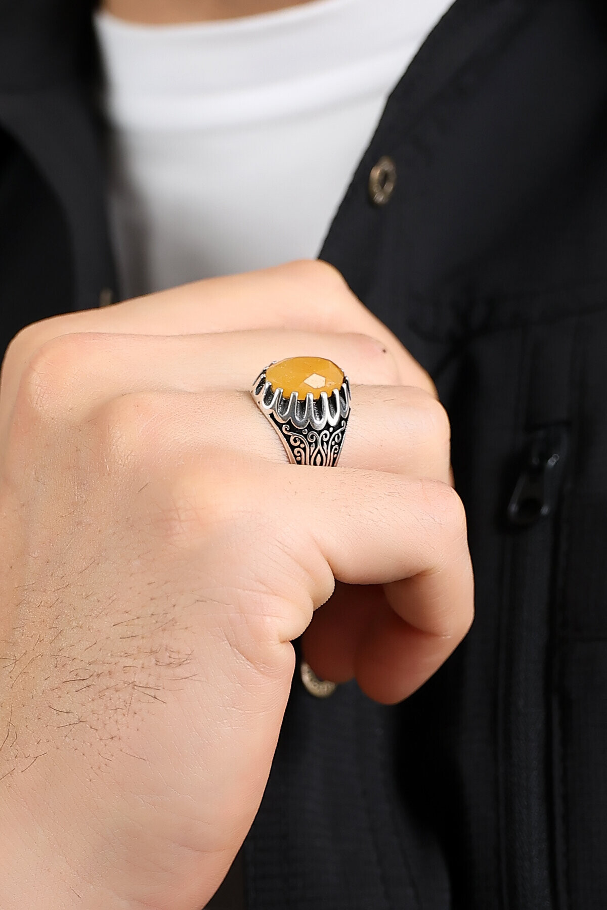 Gümüş Kalem Detaylı Kehribar Taşlı Yüzük 