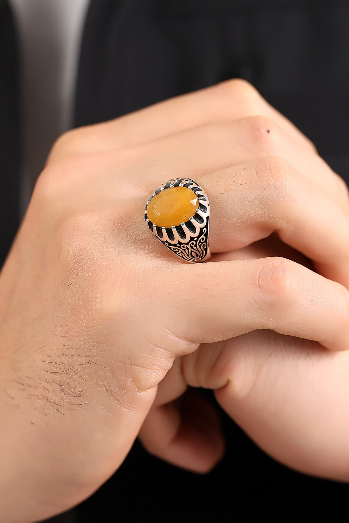 Gümüş Kalem Detaylı Kehribar Taşlı Yüzük 