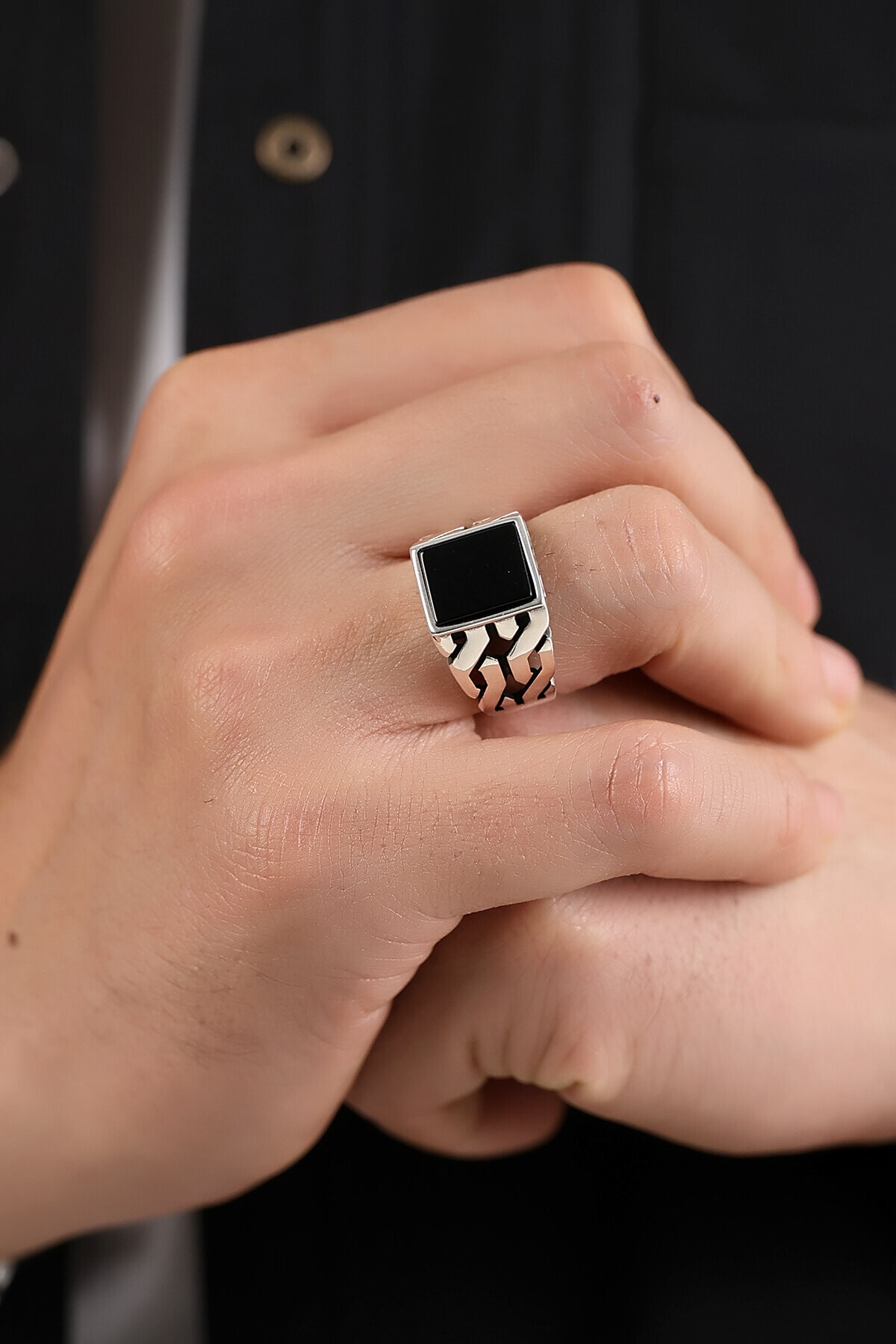 Gümüş Kare Taşlı Oniks Erkek Yüzük