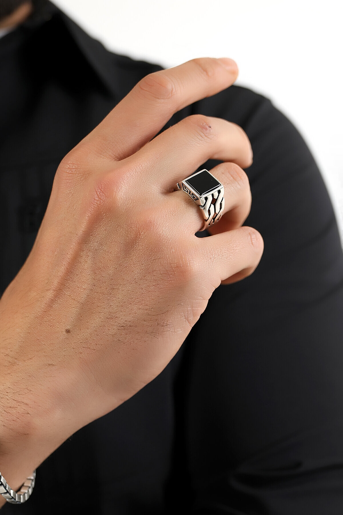 Gümüş Kare Taşlı Oniks Erkek Yüzük