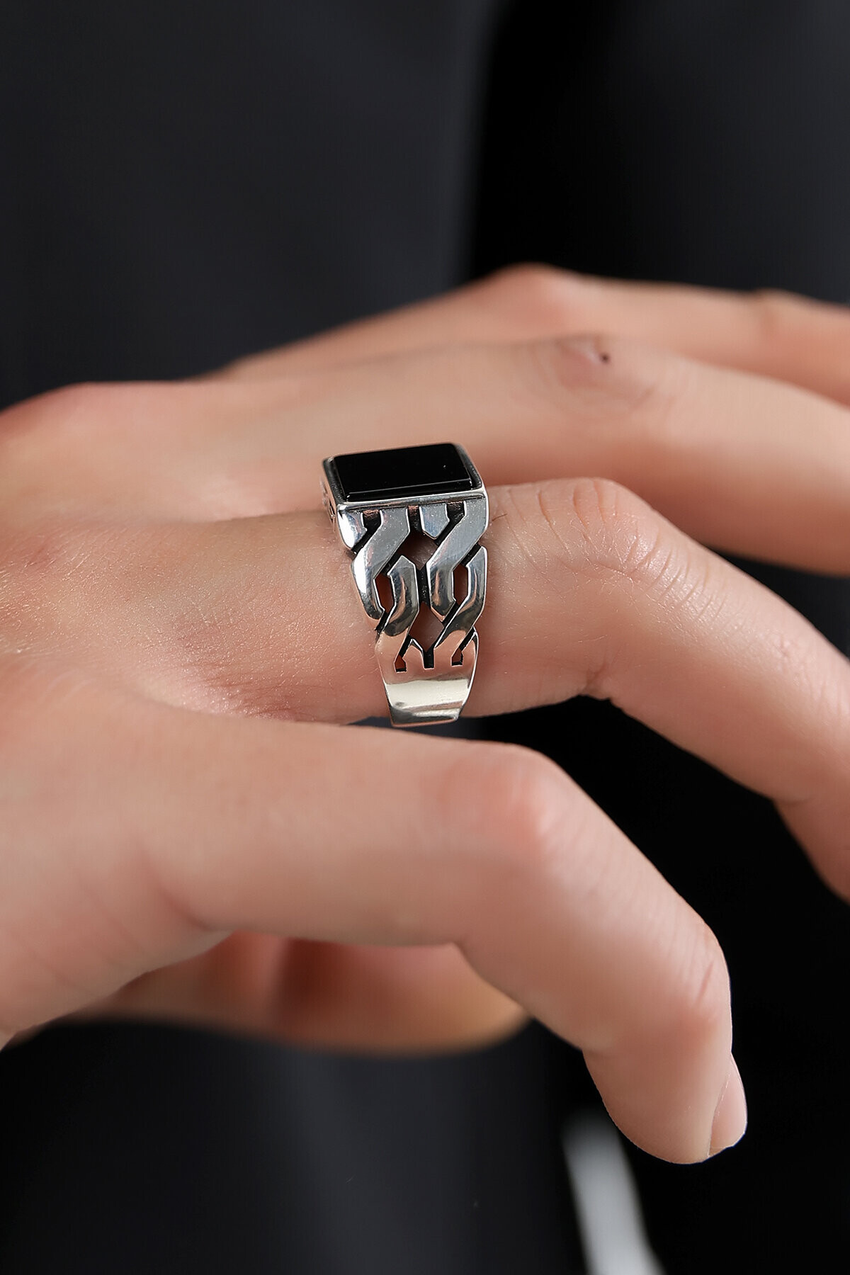 Gümüş Kare Taşlı Oniks Erkek Yüzük