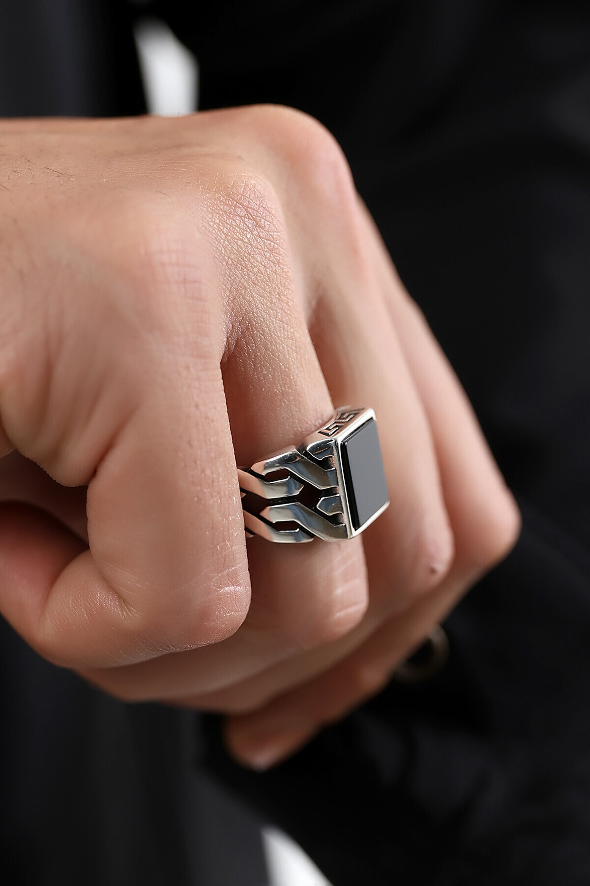 Gümüş Kare Taşlı Oniks Erkek Yüzük