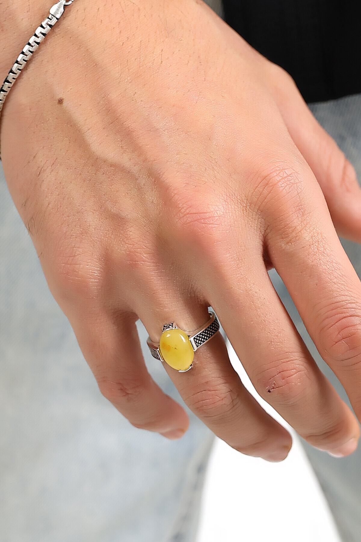 Gümüş Kehribar Taşlı Yüzük