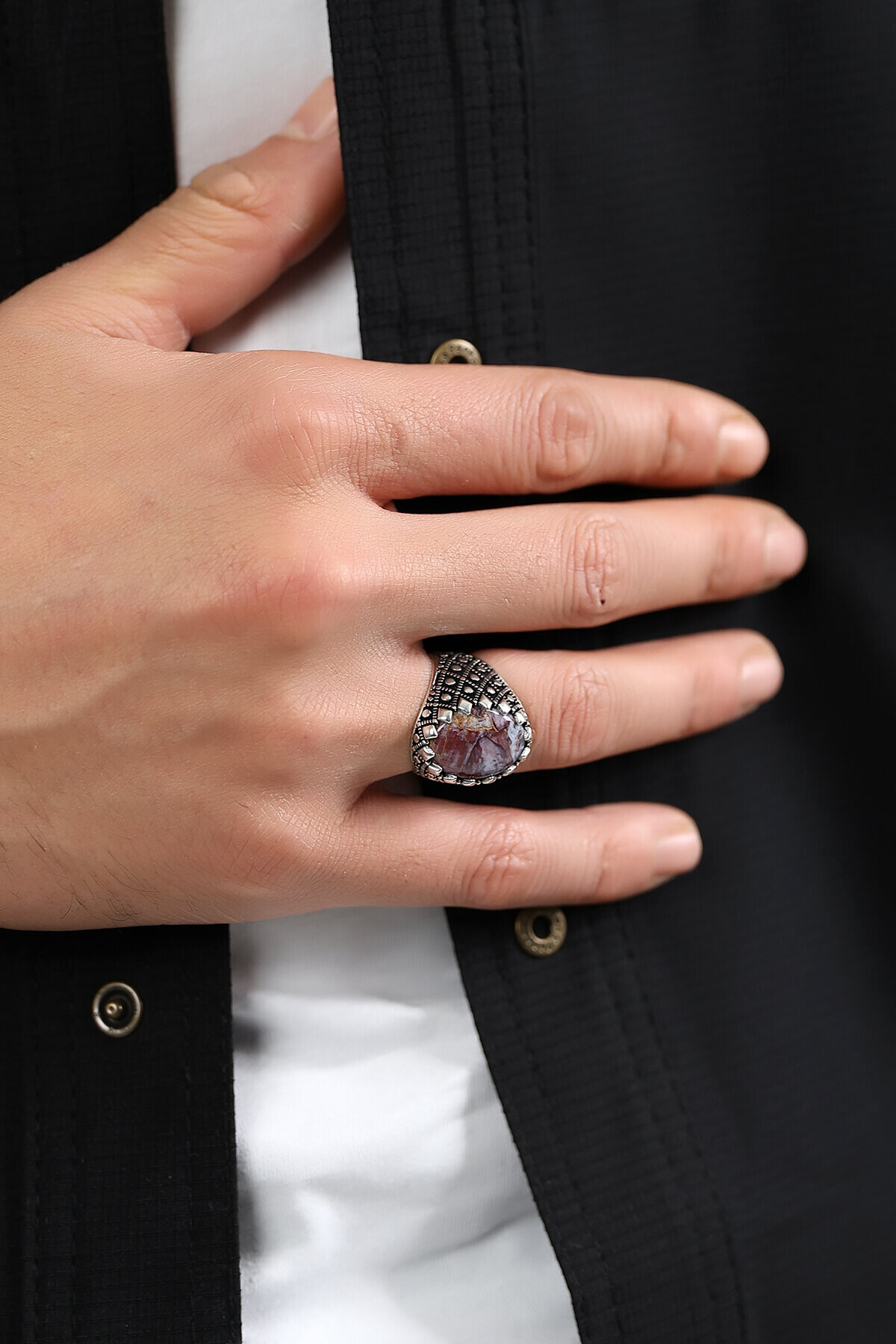 Gümüş Kök Yakut Taşlı Erkek Yüzük