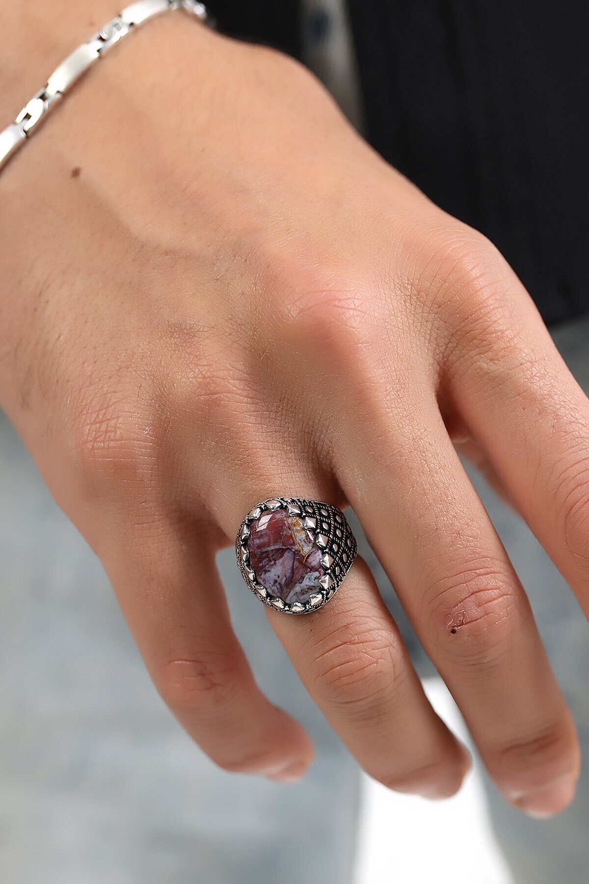 Gümüş Kök Yakut Taşlı Erkek Yüzük