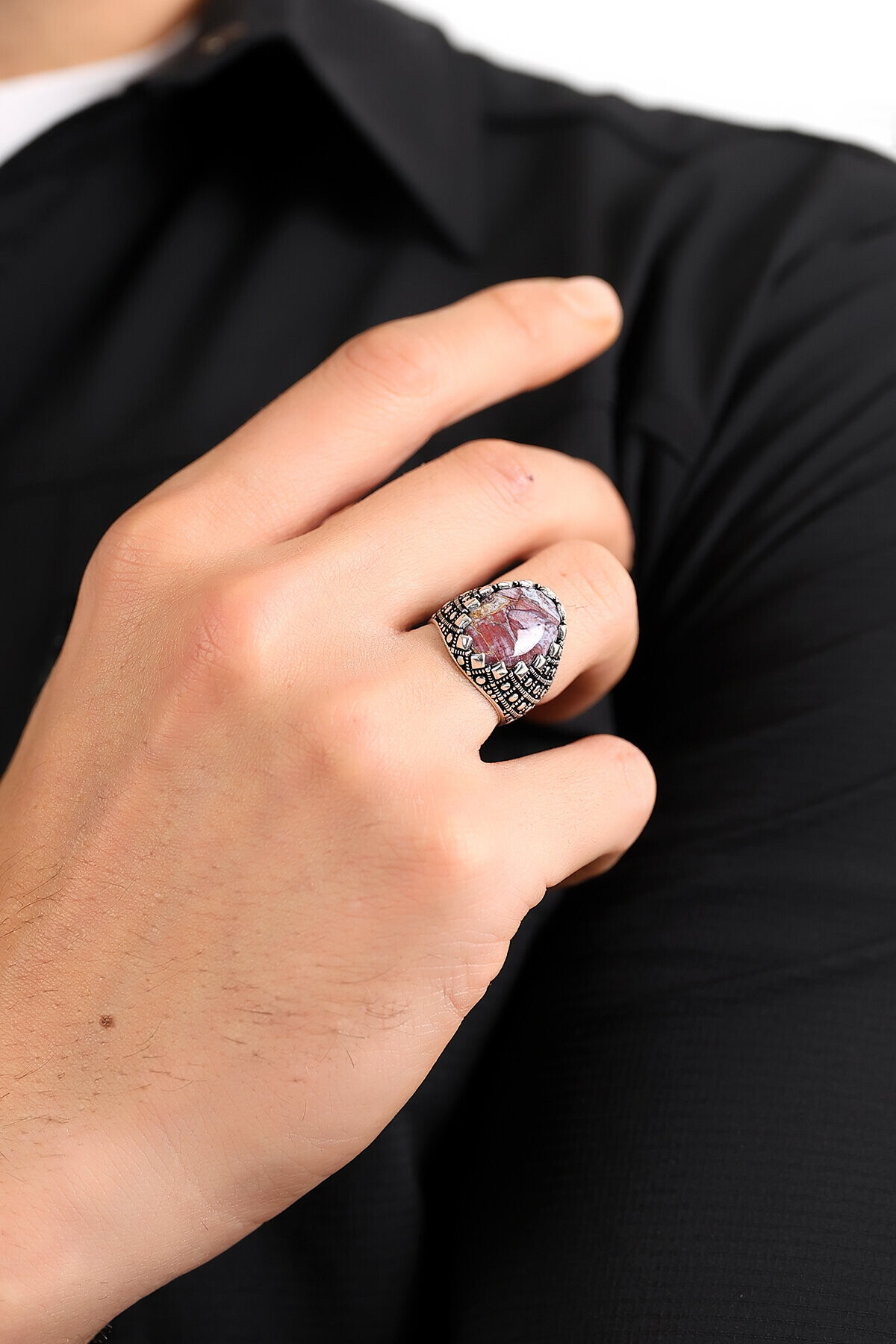 Gümüş Kök Yakut Taşlı Erkek Yüzük