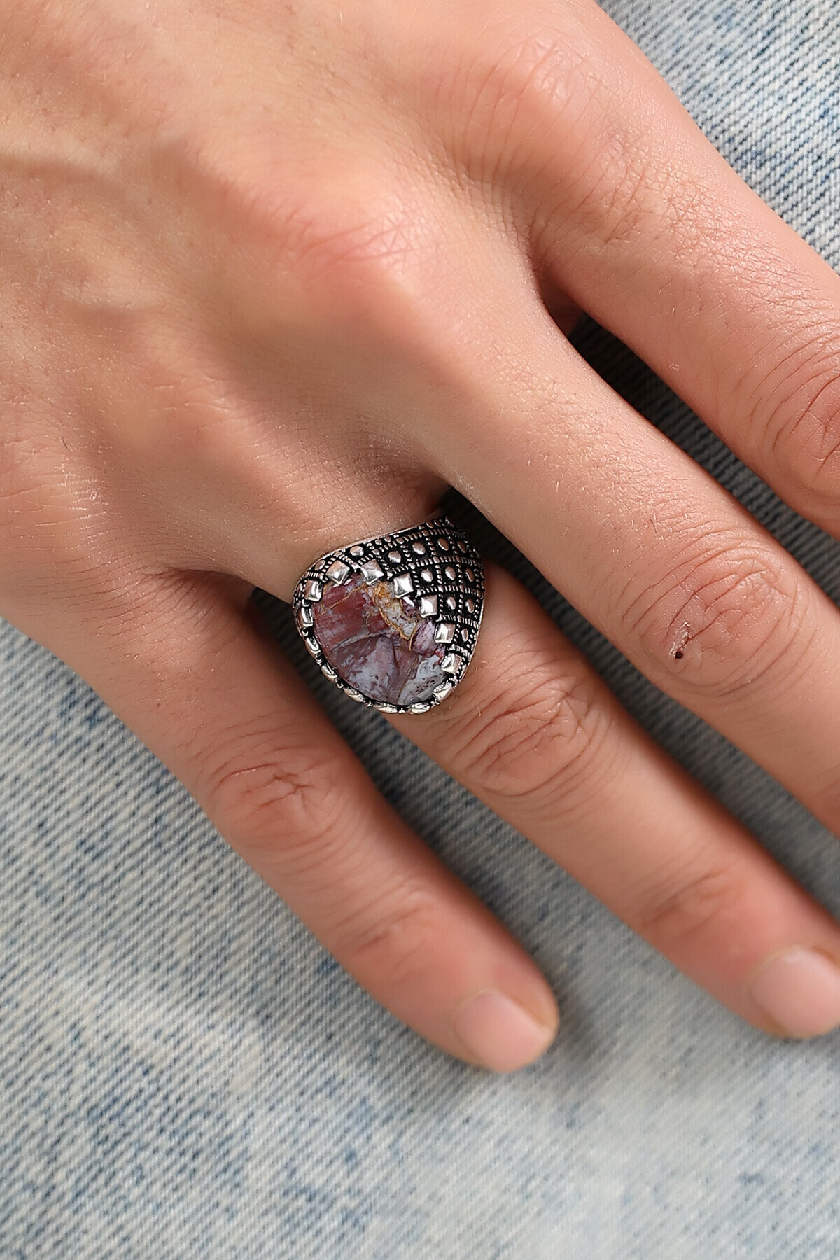 Gümüş Kök Yakut Taşlı Erkek Yüzük