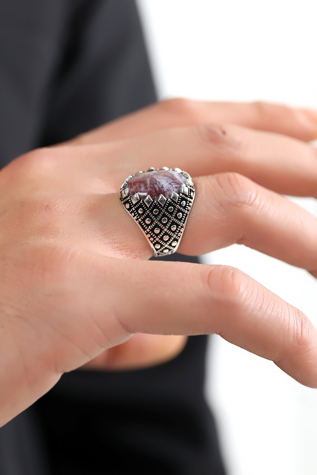 Gümüş Kök Yakut Taşlı Erkek Yüzük