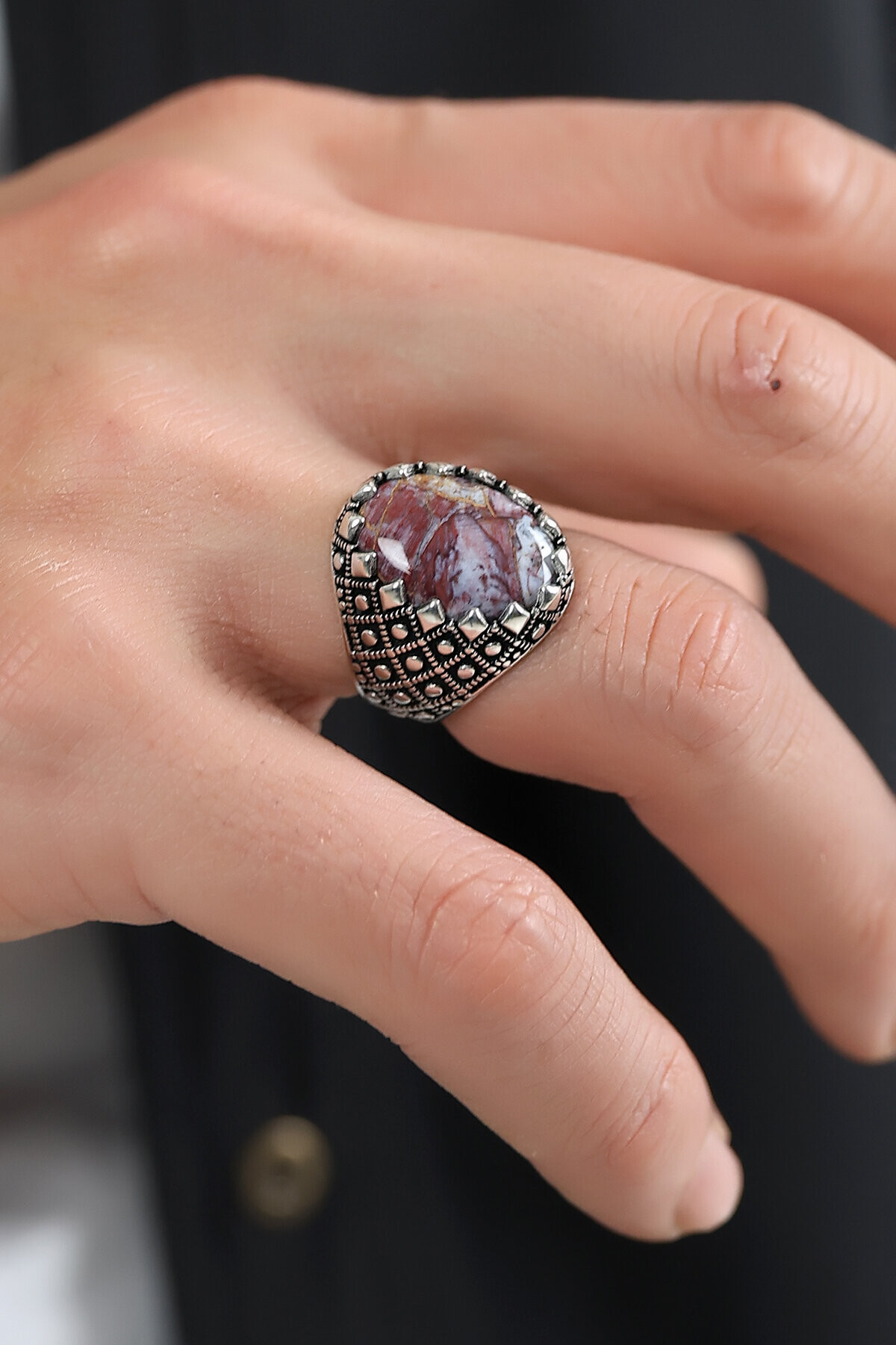 Gümüş Kök Yakut Taşlı Erkek Yüzük