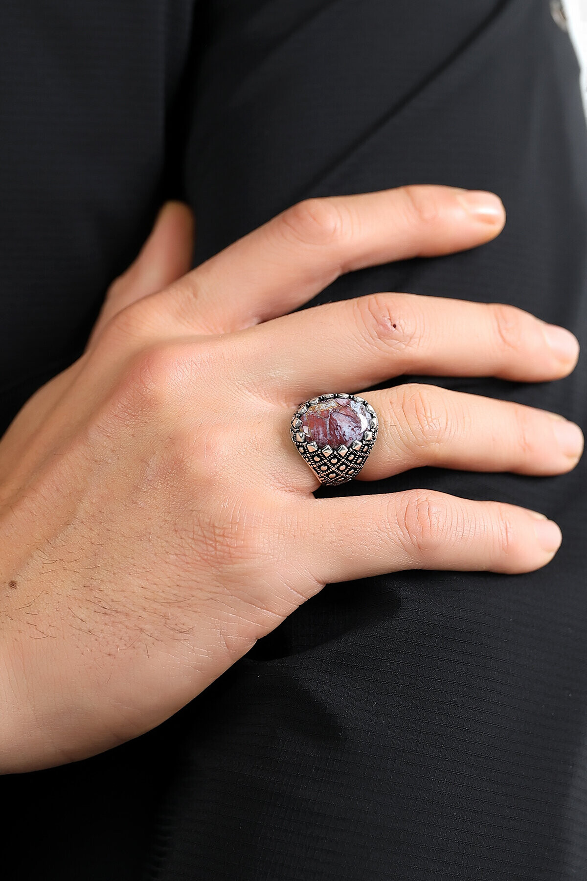 Gümüş Kök Yakut Taşlı Erkek Yüzük