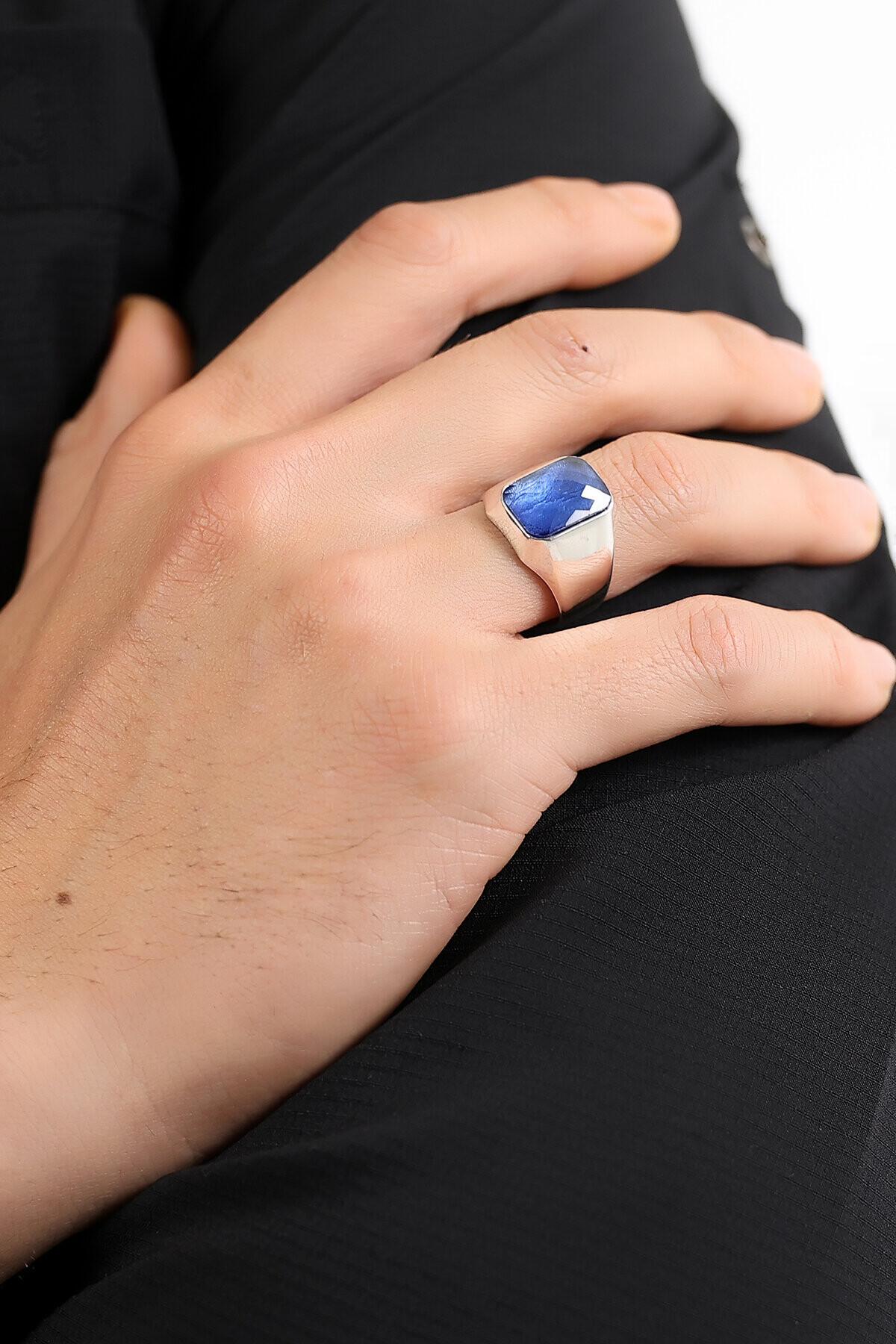 Gümüş Mavi Taşlı Kare Kesim  Şövalye Yüzük 