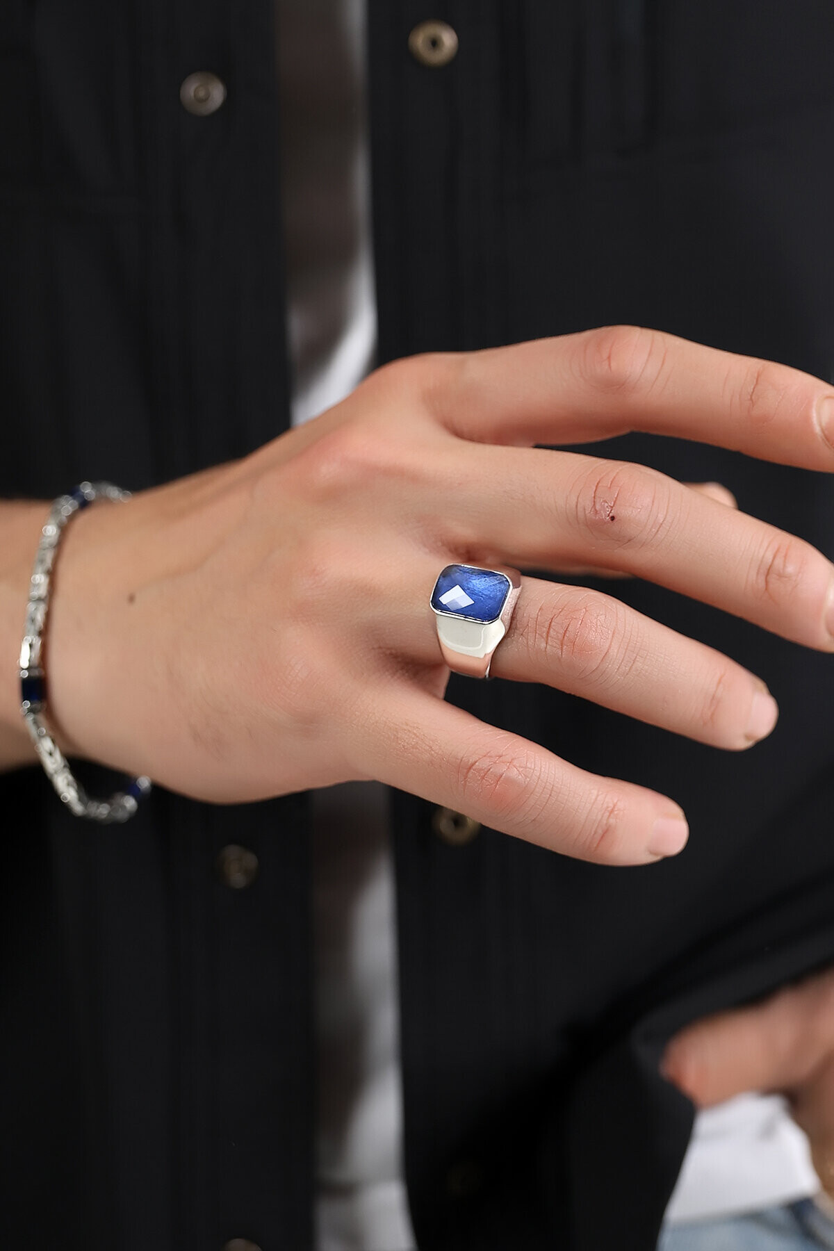 Gümüş Mavi Taşlı Kare Kesim  Şövalye Yüzük 