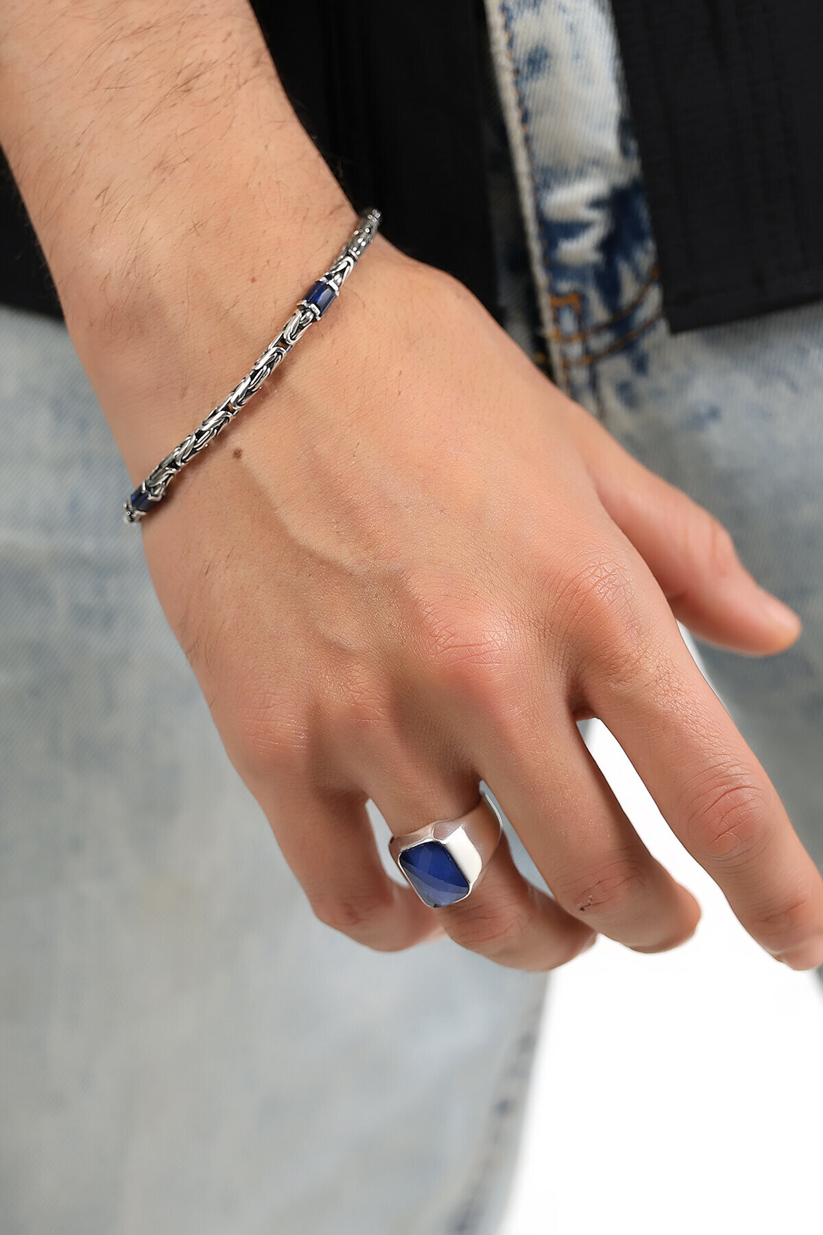 Gümüş Mavi Taşlı Kare Kesim  Şövalye Yüzük 