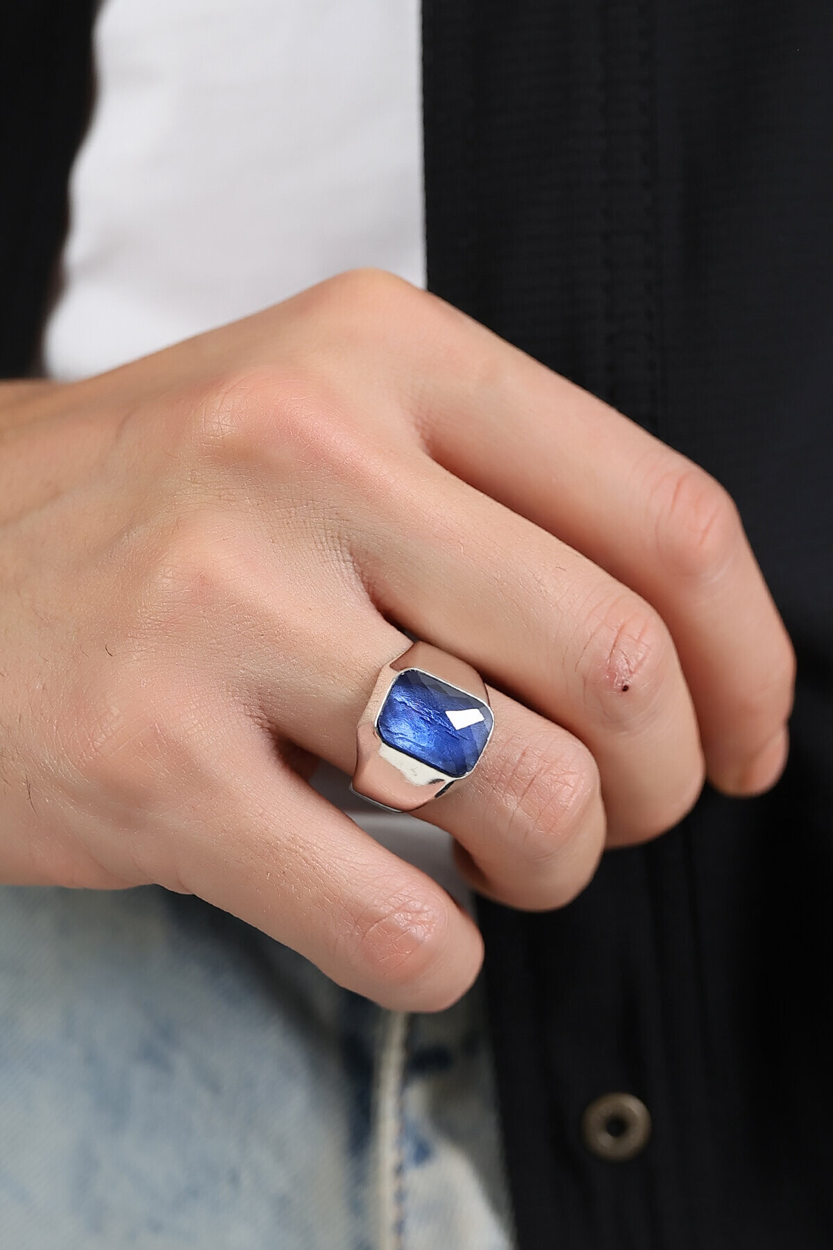 Gümüş Mavi Taşlı Kare Kesim  Şövalye Yüzük 